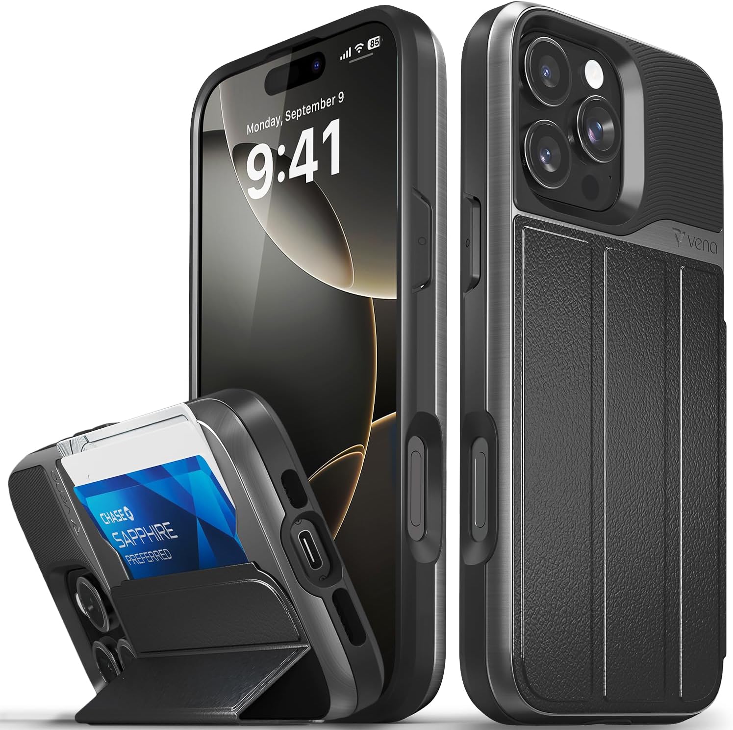 Detalle de iPhone 16 Pro Max wallet case with kickstand