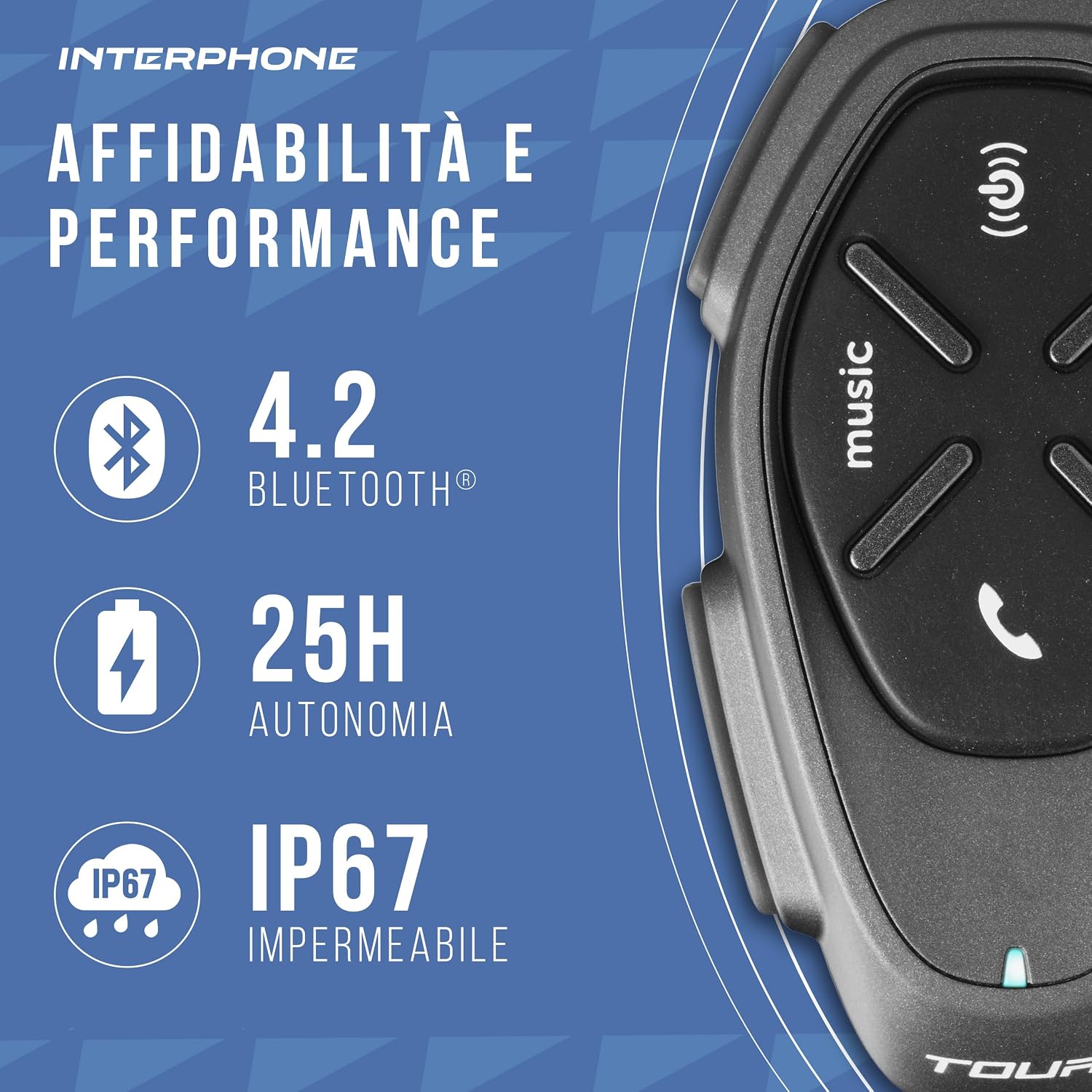 Detalle de INTERPHONE TOUR HD Singolo: Interfono moto Bluetooth per casco, autonomia 25h e IP67