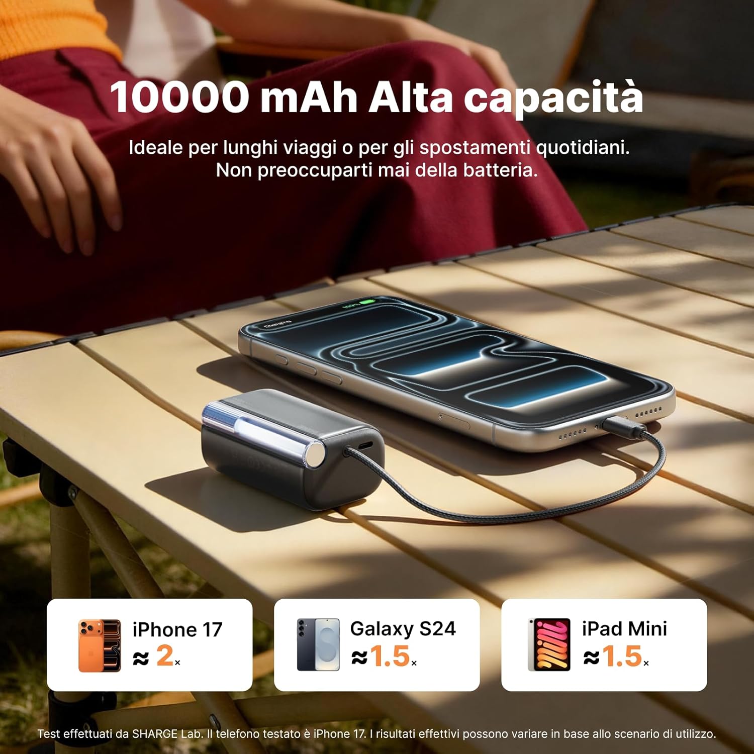 Detalle de sharge 45W Schnelllade Mini Powerbank 10000mAh: carica rapida e design compatto con cavo integrato