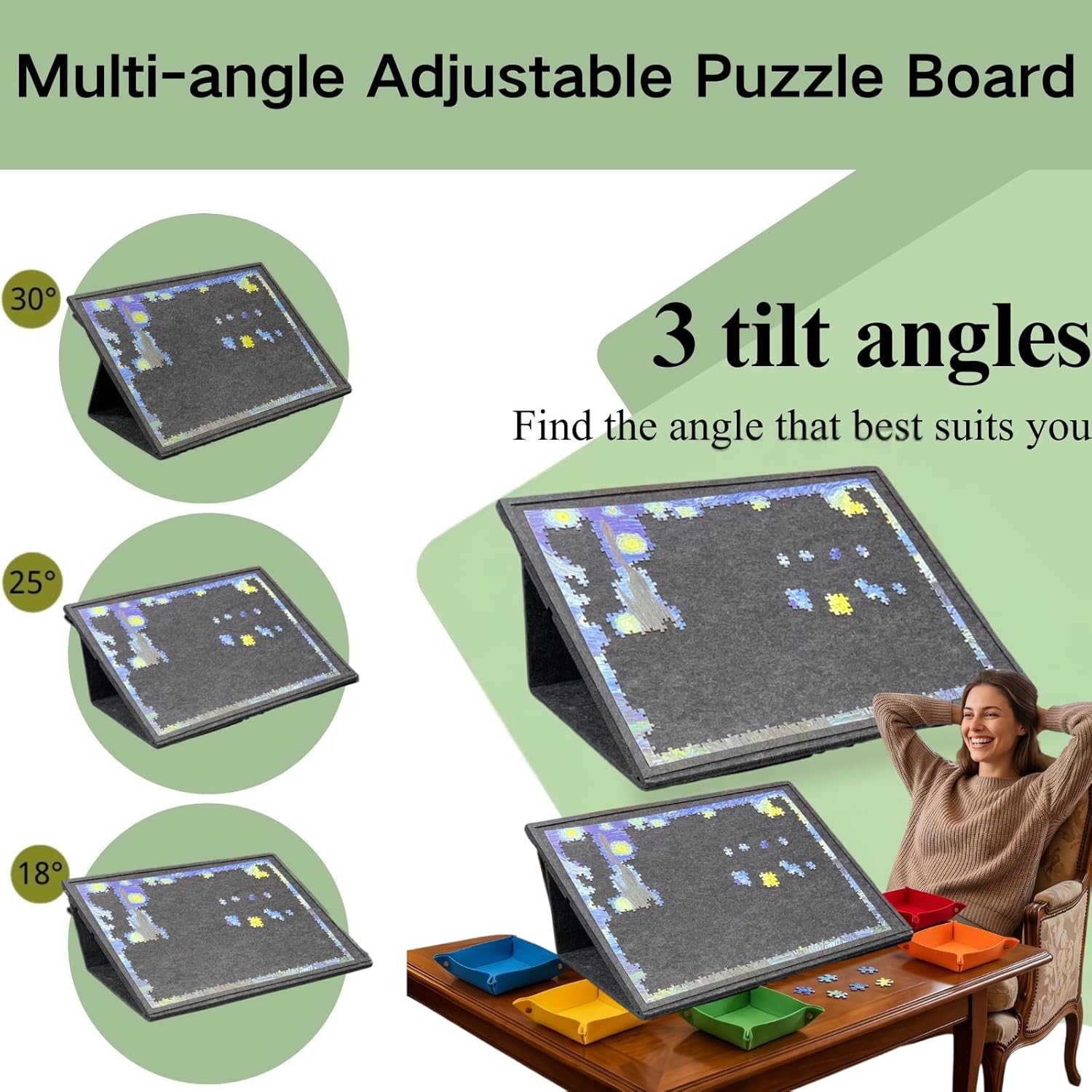Thumbnail 1 de JCOTTON Tilting Jigsaw Puzzle Board 2-in-1 with Stand, 6 Trays and Protective Cover (Up to 1000 Pieces)