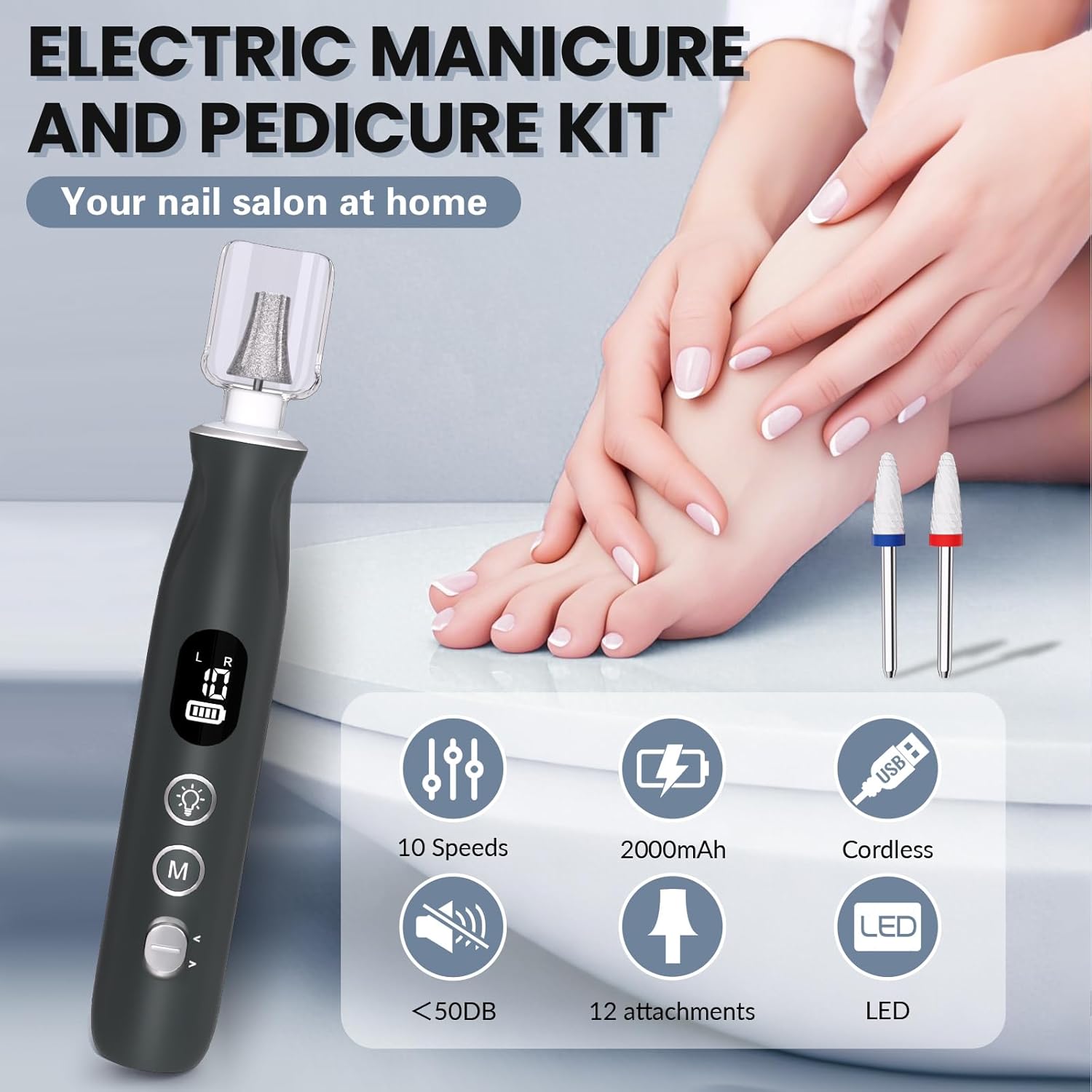 Detalle 2 de Cordless Electric Nail Drill 12 in 1 Kit Grey