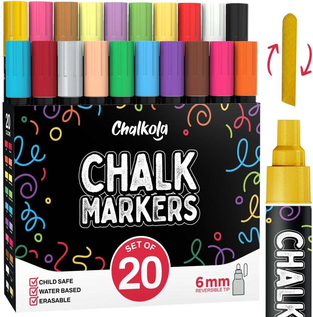 Chalkola 20 Liquid Chalk Pens for Blackboard (6mm reversible tips) – neon, pastel & metallic markers for windows, glass & more