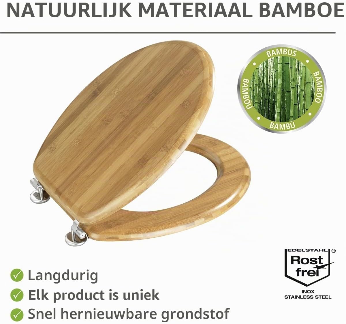 Detalle de WENKO bamboe toiletzitting van echt bamboe, donkerbruin, met RVS scharnieren