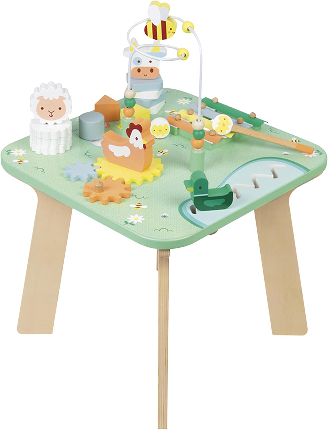 Detalle de Janod J05327 Jolie Prairie houten activiteitentafel met 7 activiteiten