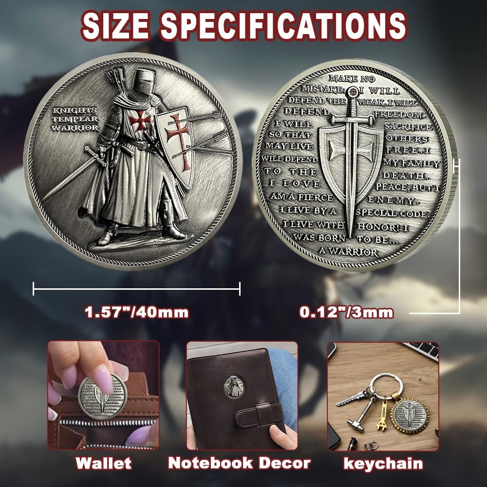 Detalle de RYUKENLM Knights Templar Challenge Coin, Antique Silver-Plated Zinc Alloy