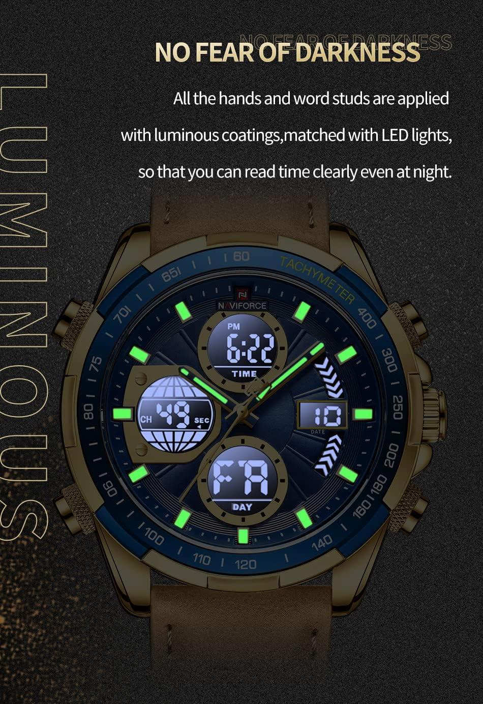 Detalle 2 de Naviforce Herren Militär Digitaluhren Analoge Quarz – Multifunktionale Uhr mit Lederarmband