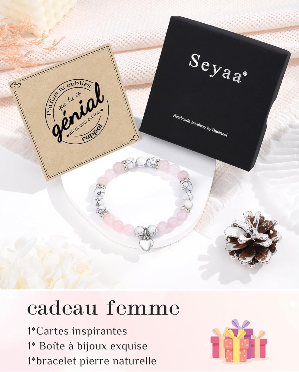 Thumbnail 3 de Seyaa Idee Cadeau Femme, Bracelet Pierre Naturelle avec Pendentif Cœur - Howlite Blanche, Ajustable 19 cm