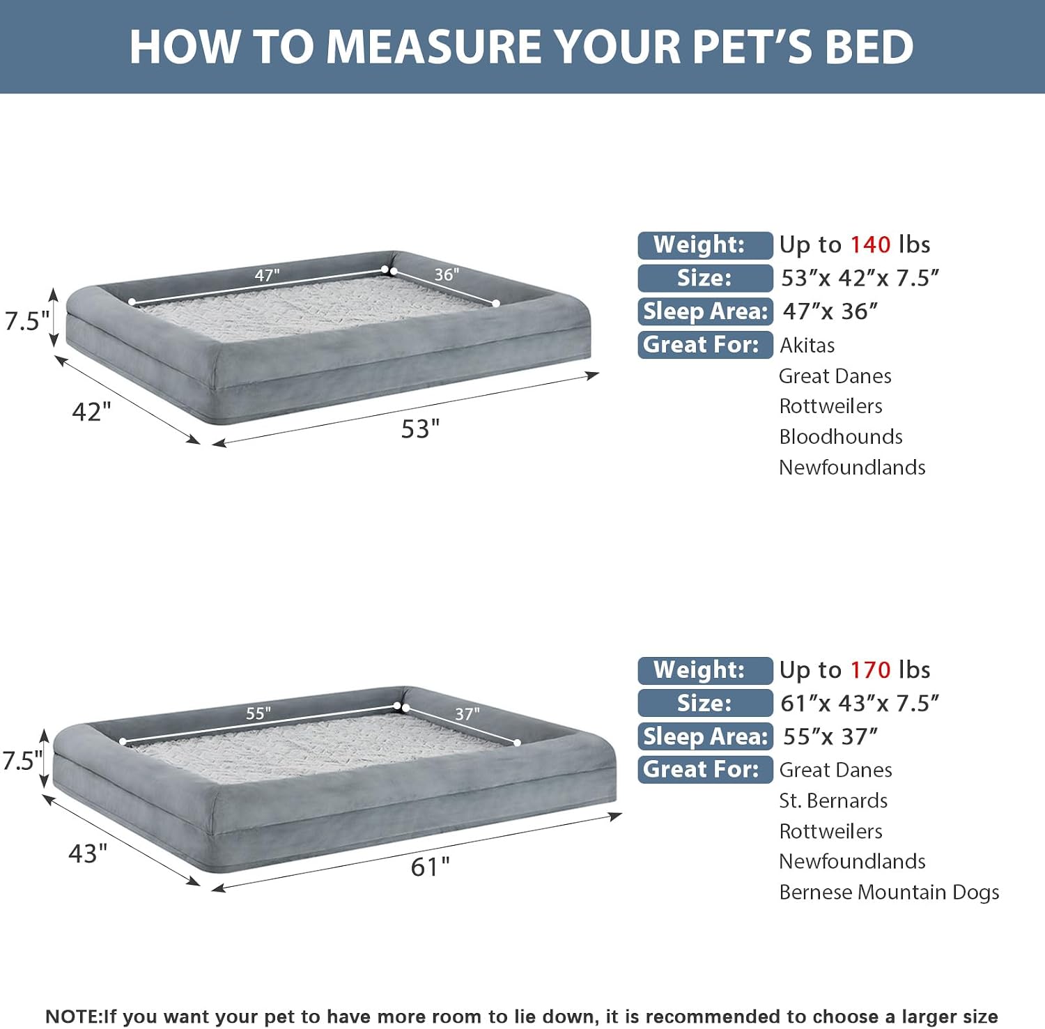 Detalle 1 de WNPETHOME XXXL Orthopedic Dog Bed with Memory Foam and Bolster Sides
