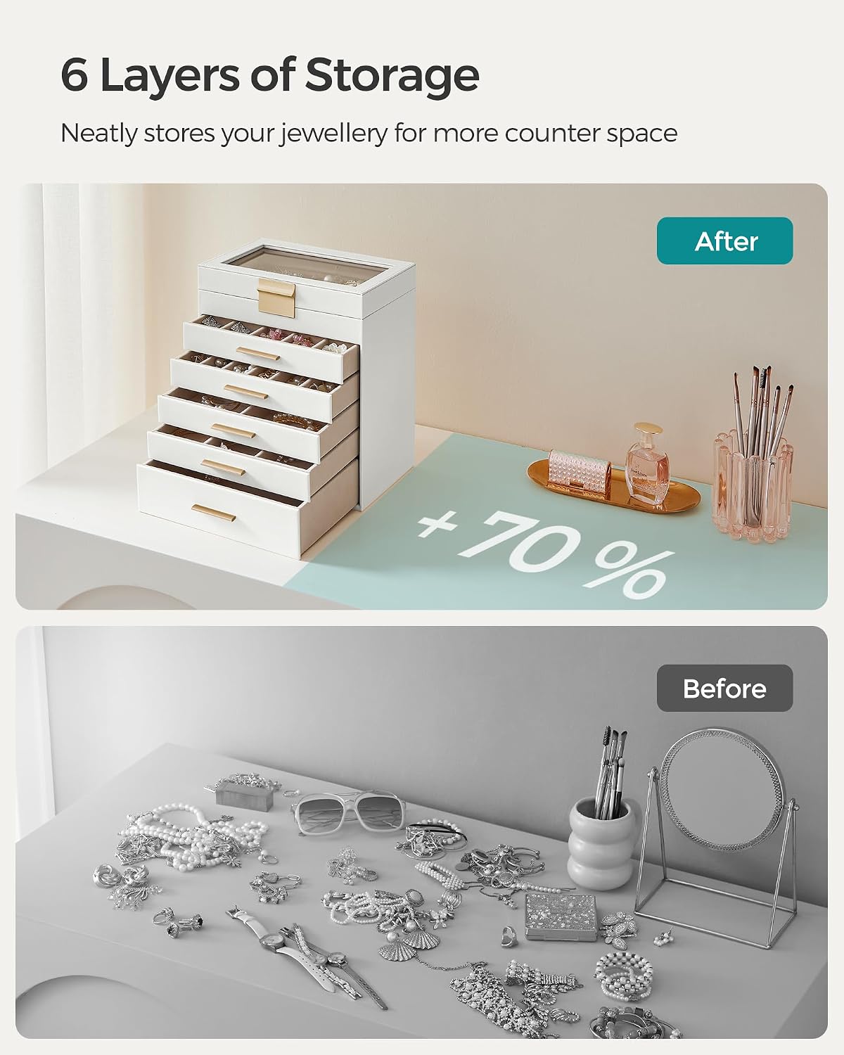 Detalle de SONGMICS Collection Jewellery Box with Glass Lid (GISELLA JBC171W01) – 6-Layer Storage, Cloud White & Gold
