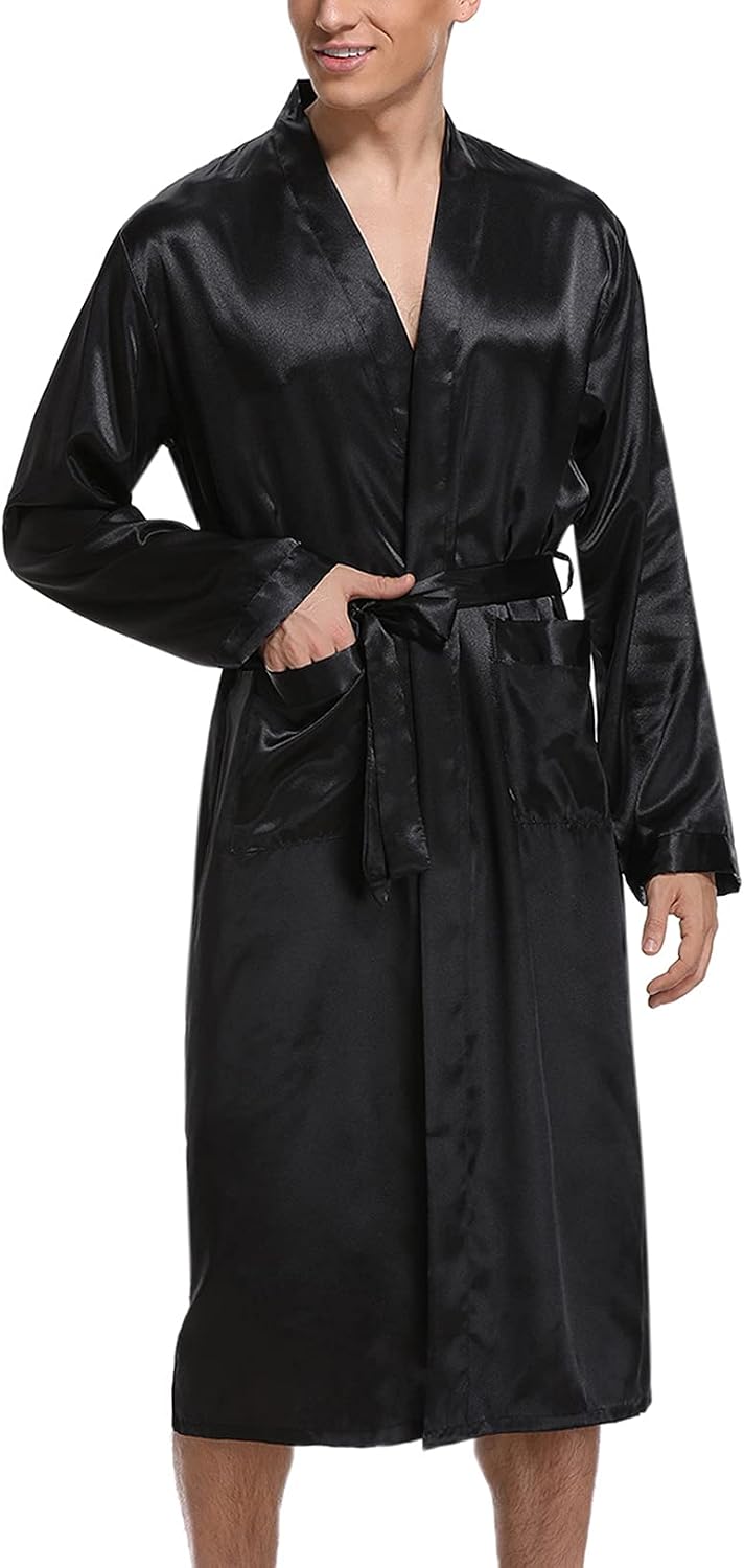 Irdcomps Peignoir Homme Satin – Kimono de bain en satin avec ceinture, robe de chambre élégante