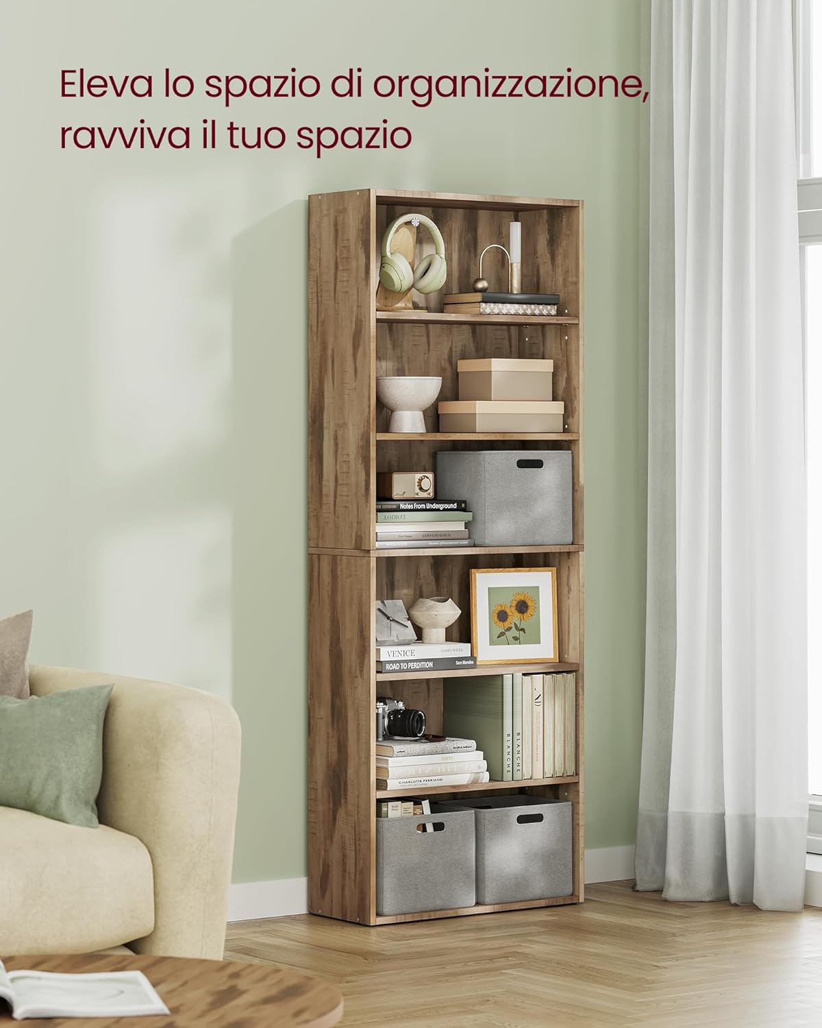 Thumbnail 3 de VASAGLE Scaffale a 6 ripiani LBC166T50 marrone cammello: libreria verticale con ripiani regolabili