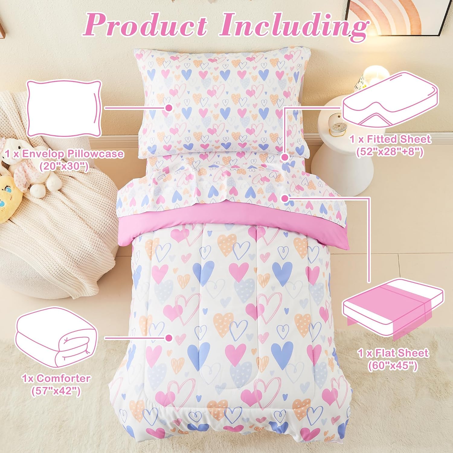 Detalle 2 de Mooreeke Toddler Bedding Set, 4-Piece Pink Heart Print Microfiber