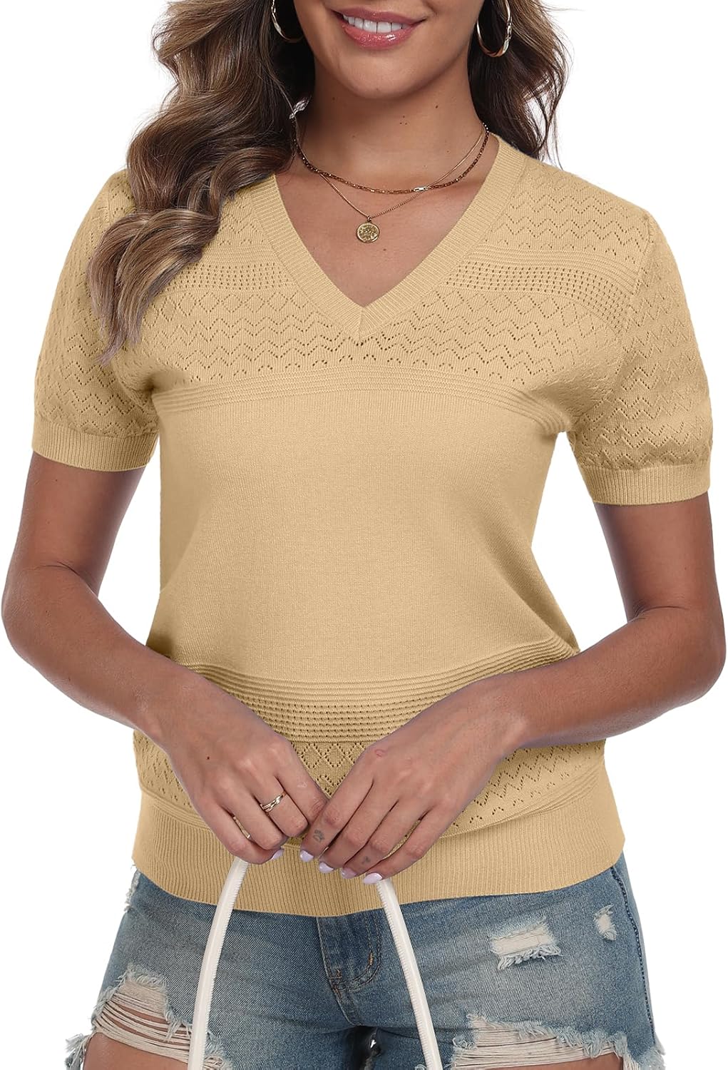 Thumbnail 2 de YUNDAI Damen T-Shirts V-Ausschnitt Kurzarm – vielseitiges Strickshirt für Frühling bis Herbst