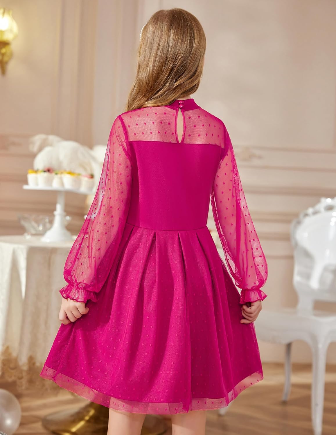 Detalle 2 de Arshiner Girls Contrast Mesh Puff Long Sleeve Mock Neck Formal Tulle A-Line Dress