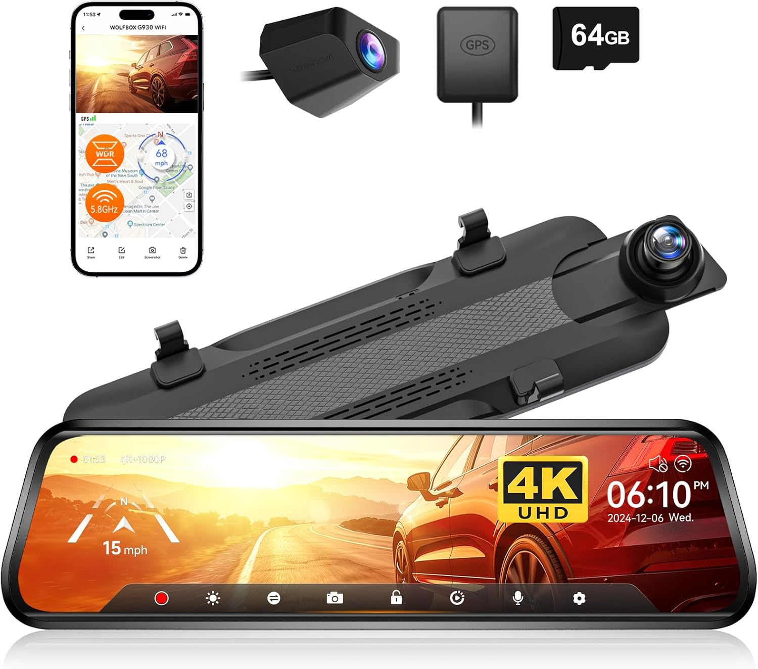 Detalle de WOLFBOX G930 10" 4K Dash Cam Mirror