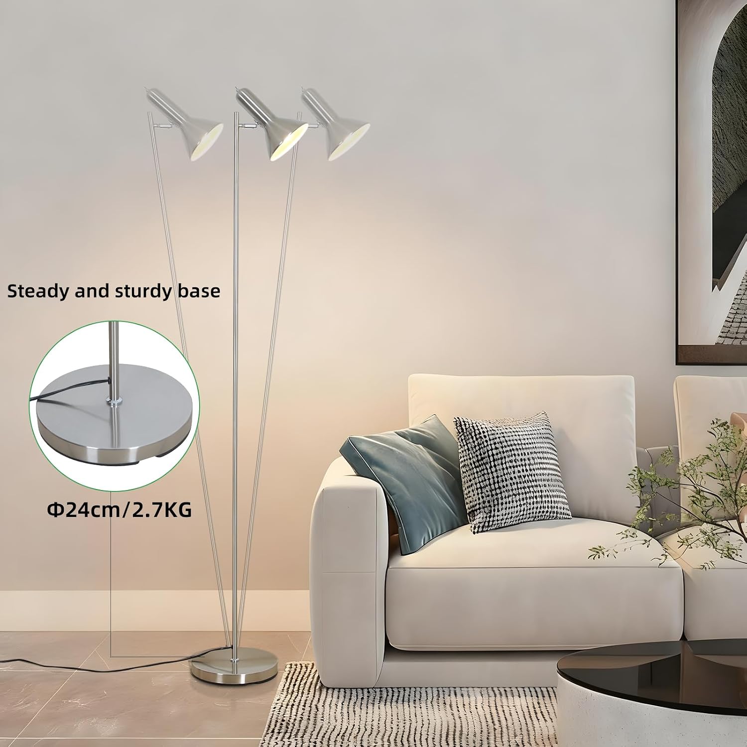 Detalle 1 de Amdelne vloerlamp met verstelbare lichtkop, E27-fitting en metalen nikkelkleur