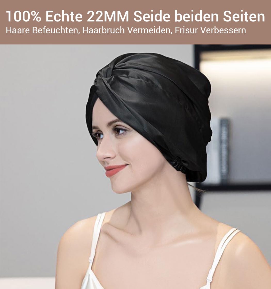 Detalle 2 de LaCourse rutschfeste, verstellbare Seidenhaube (22 Momme, 100% Maulbeerseide) zum Schlafen – Schwarz