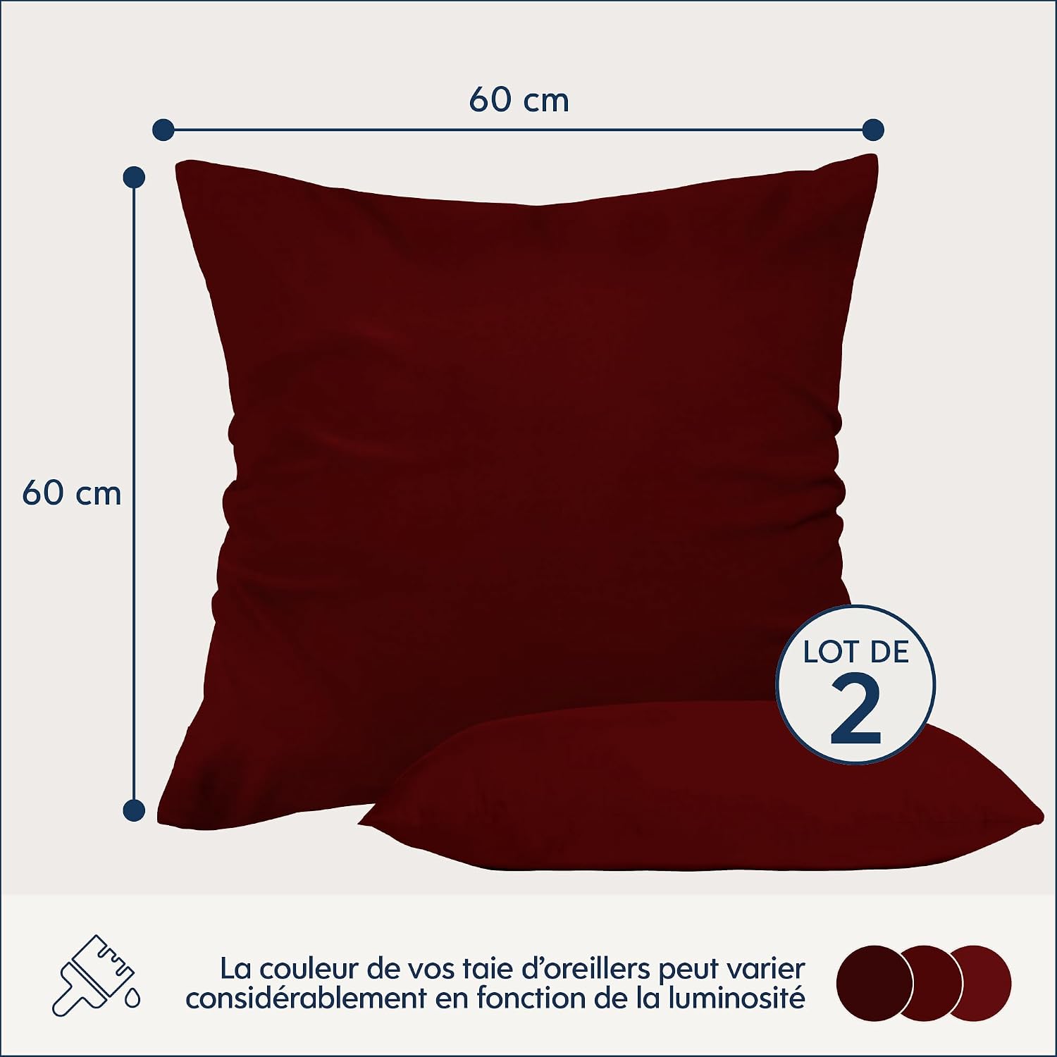 Detalle 2 de Dreamzie Taie Oreiller 60x60 Lot de 2 Bordeaux