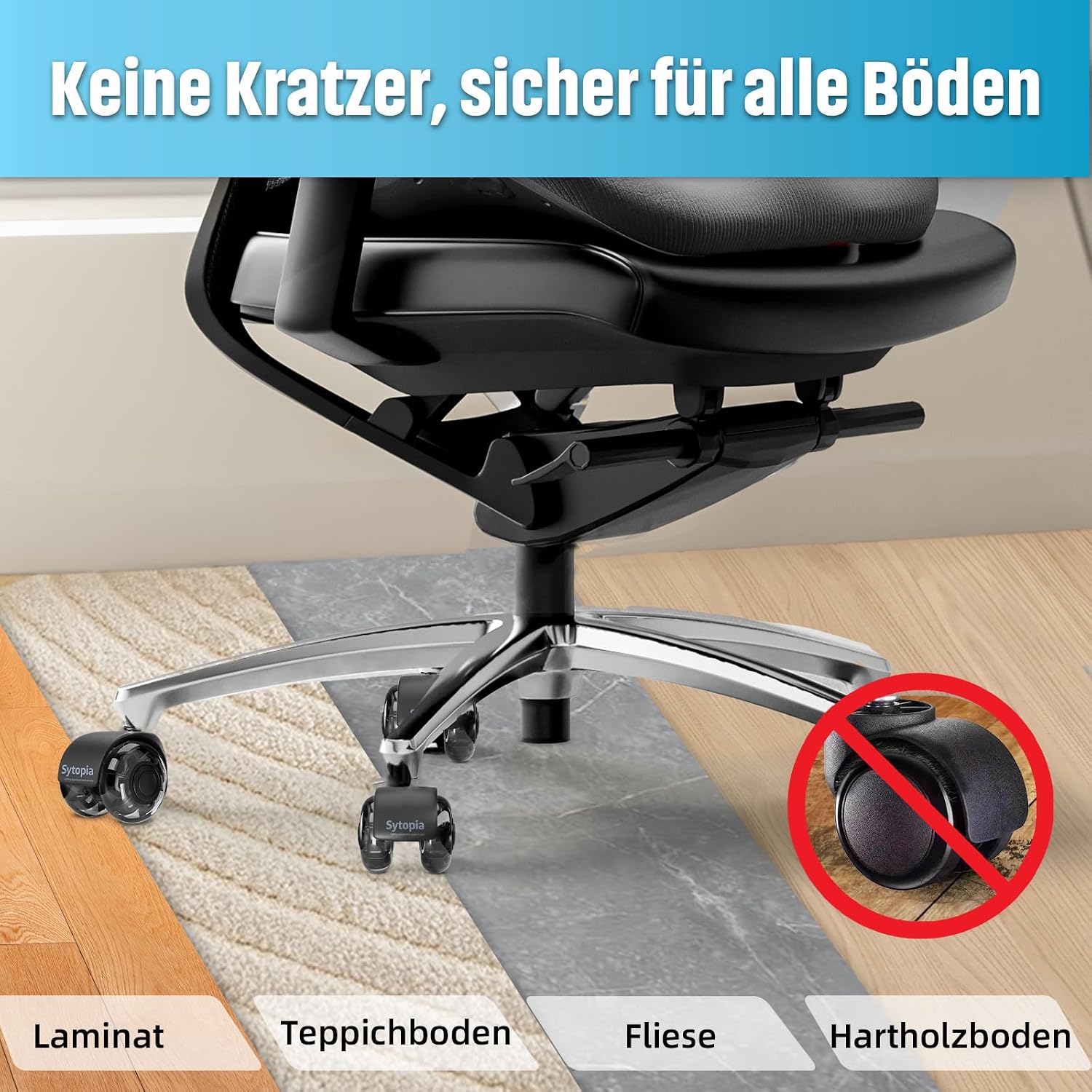 Detalle 2 de Sytopia Bürostuhl Rollen 5er-Set (11×22 mm) – 50 mm Hartbodenrollen, leise Gummilauffläche, schwarz