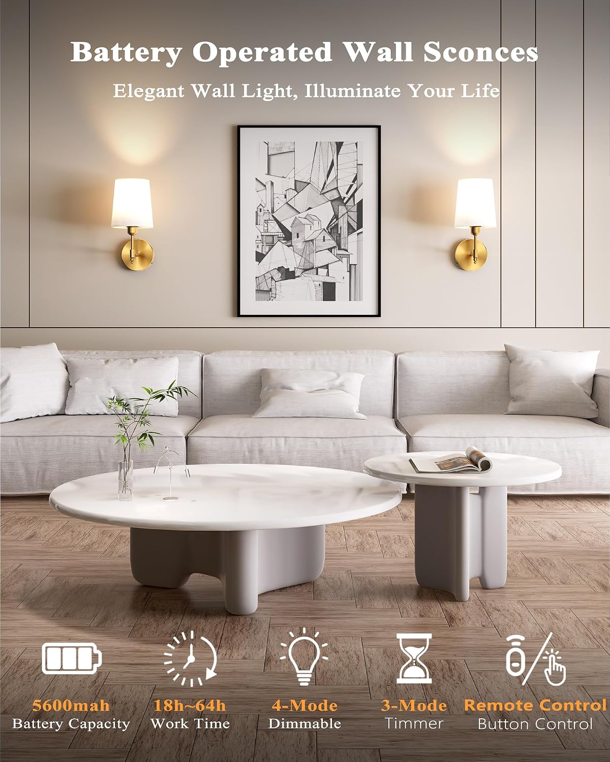 Thumbnail 1 de Ouyulong WS-01 Rechargeable Wall Sconces, Set of 2, Gold with RGB Bulbs