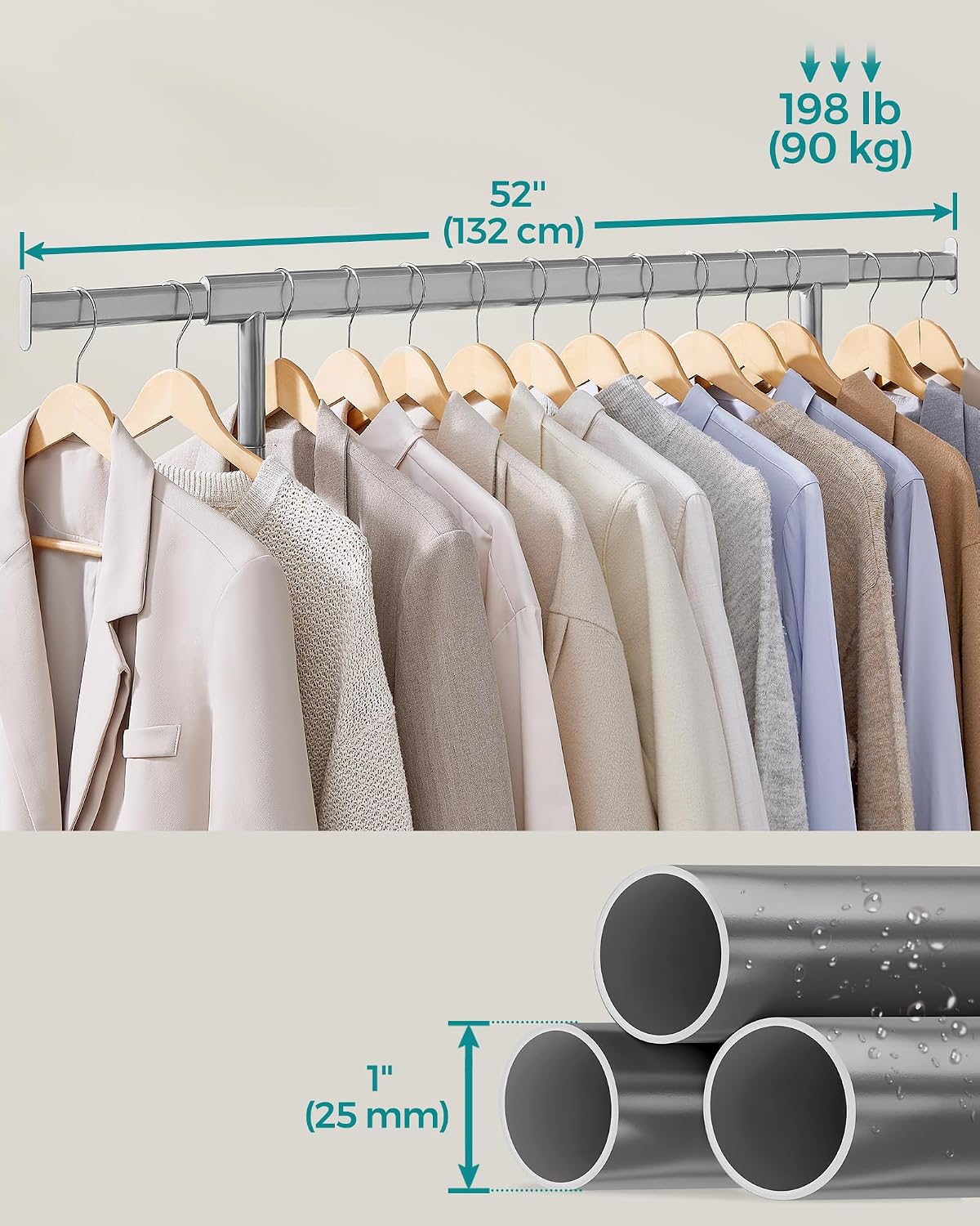 Detalle de SONGMICS PATAYE HSR013G01 uitschuifbaar kledingrek op wielen, duifgrijs