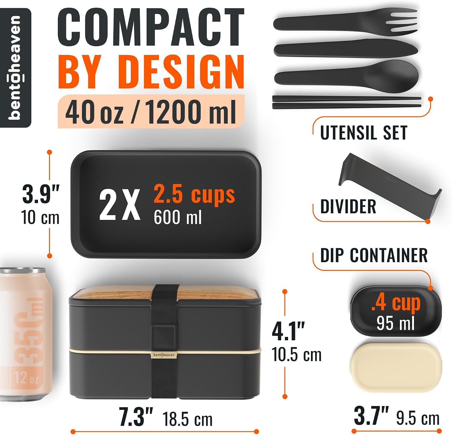 Detalle 2 de Bentoheaven Premium Bento Box Adult Lunch Box (Microwavable, Compartments, Utensils & Dip Container) — Symph Onyx