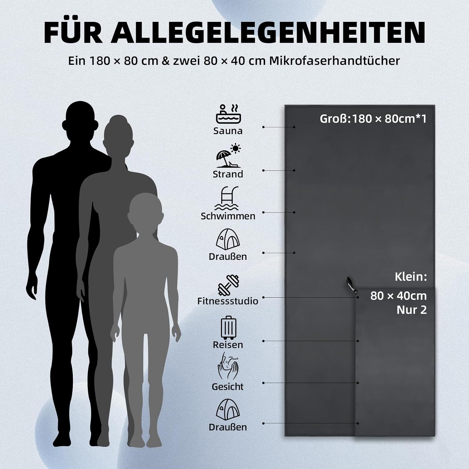 Thumbnail 2 de damoguin 3er-Set Mikrofaser Handtücher: Großes 180×80 cm und zwei Kleine 80×40 cm in Dunkelgrau