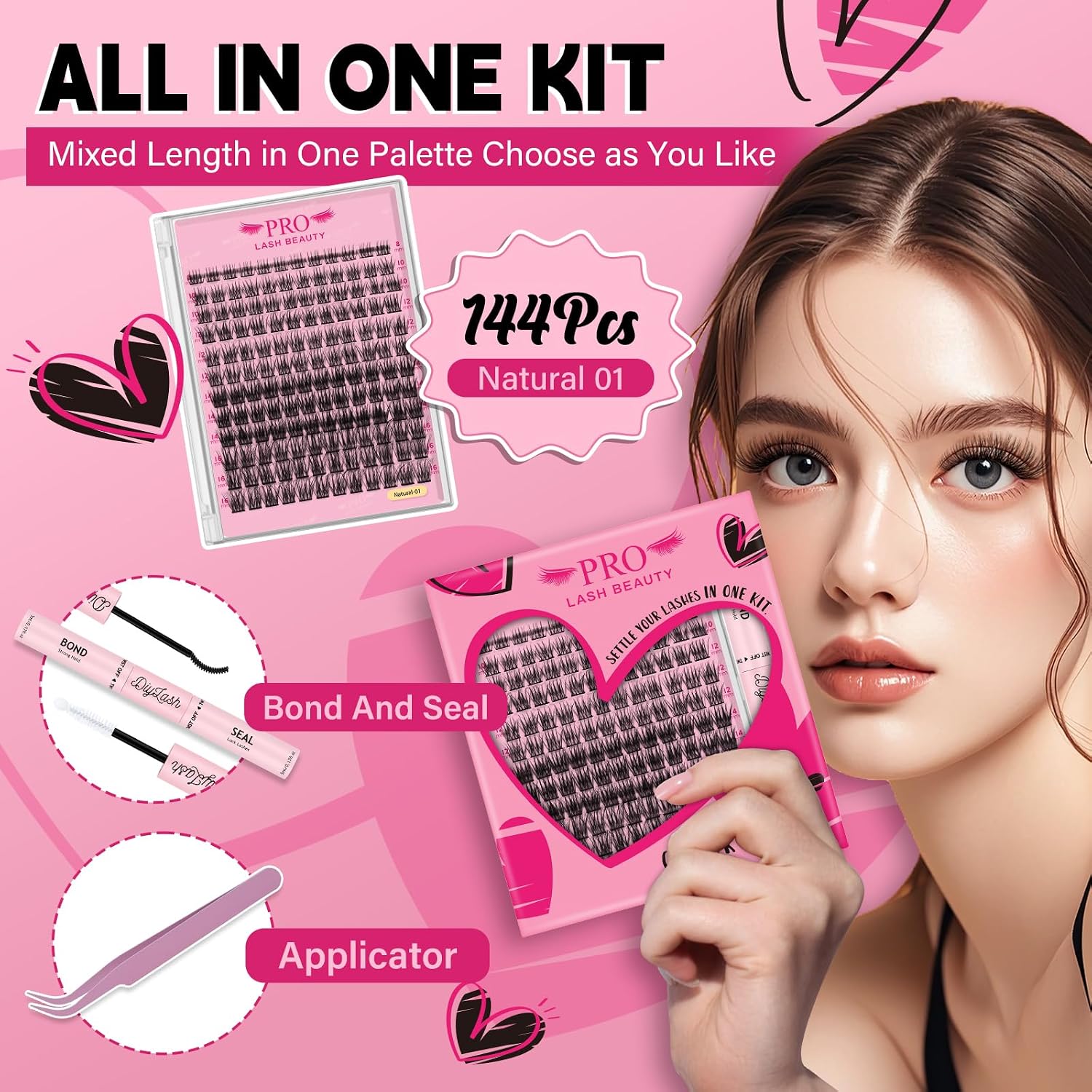 Thumbnail 1 de DIY Wimpernverlängerung Kit Natural01-D-8-16mix (144 Cluster) inklusive Kleber, Applikator & Entferner