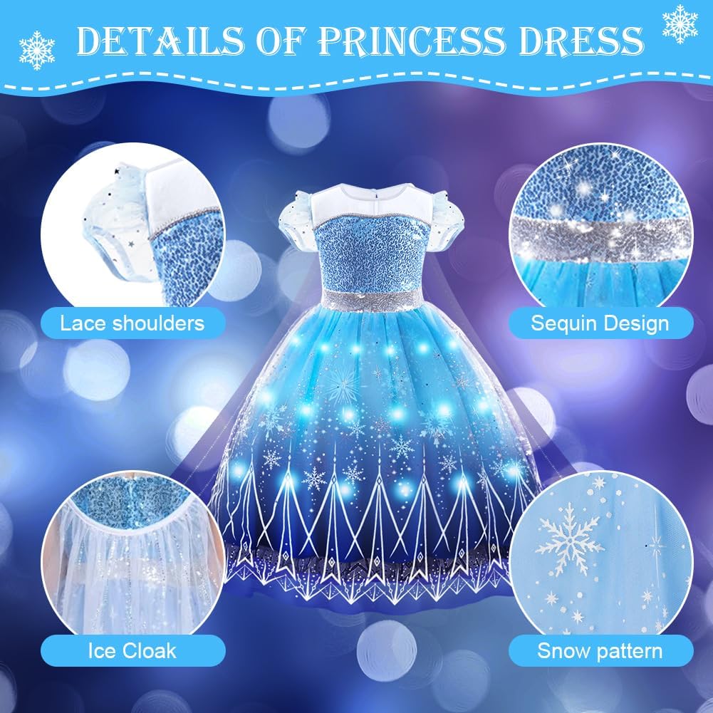 Thumbnail 5 de AUYAO Vestito Principessa LED per bambine – Gonna a tulle, mantello blu viola e accessori incluso