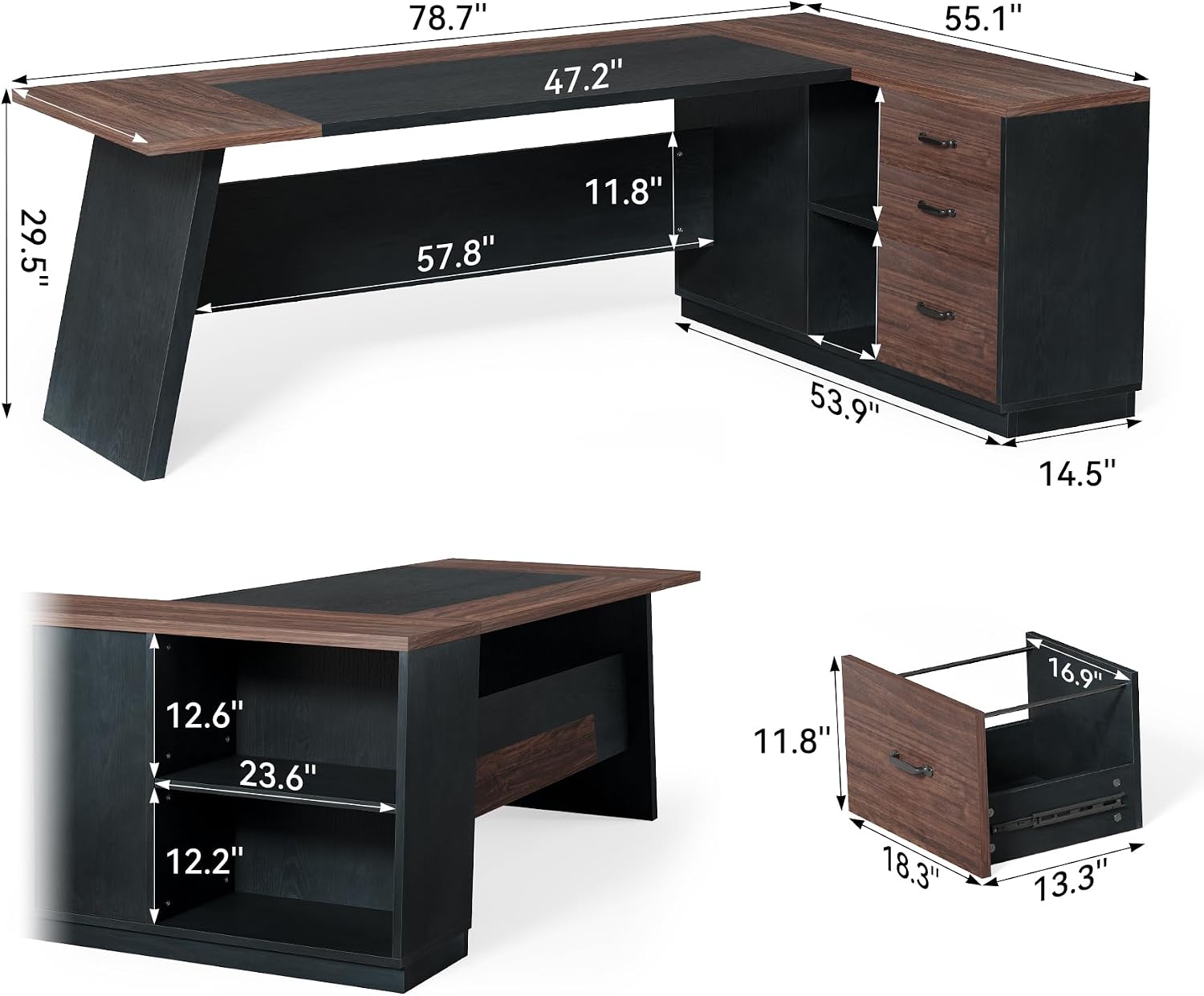 Detalle 2 de LITTLE TREE NY310 Executive Office Desk, 78-Inch L-Shape with 3-Drawer Cabinet