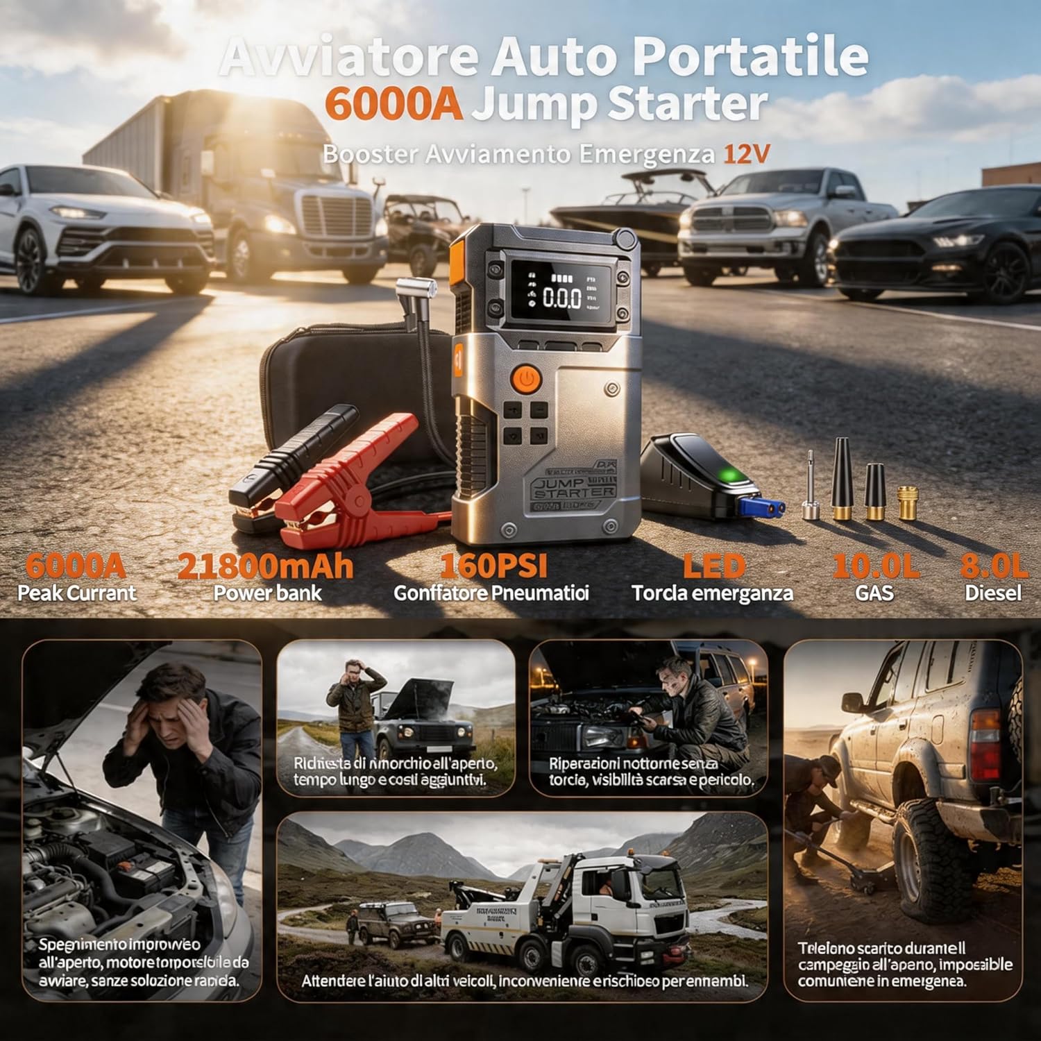 Detalle de Avviatore Batteria Auto 6000A con Compressore 160 PSI – Booster Portatile per 12V (gas/diesel) con LCD e USB