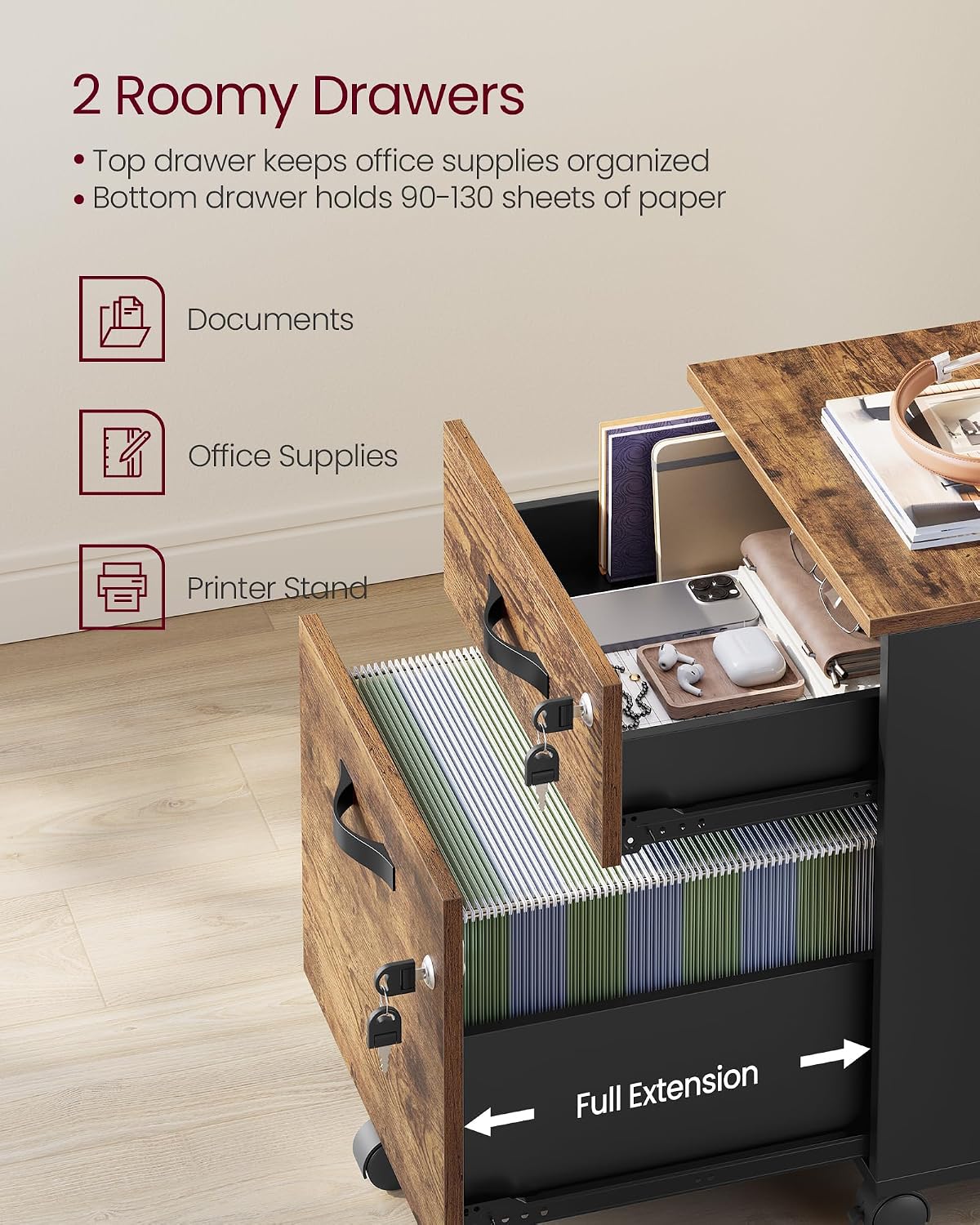Detalle 2 de VASAGLE LCD022K01 Mobile File Cabinet, 2 Lockable Drawers, 5 Wheels