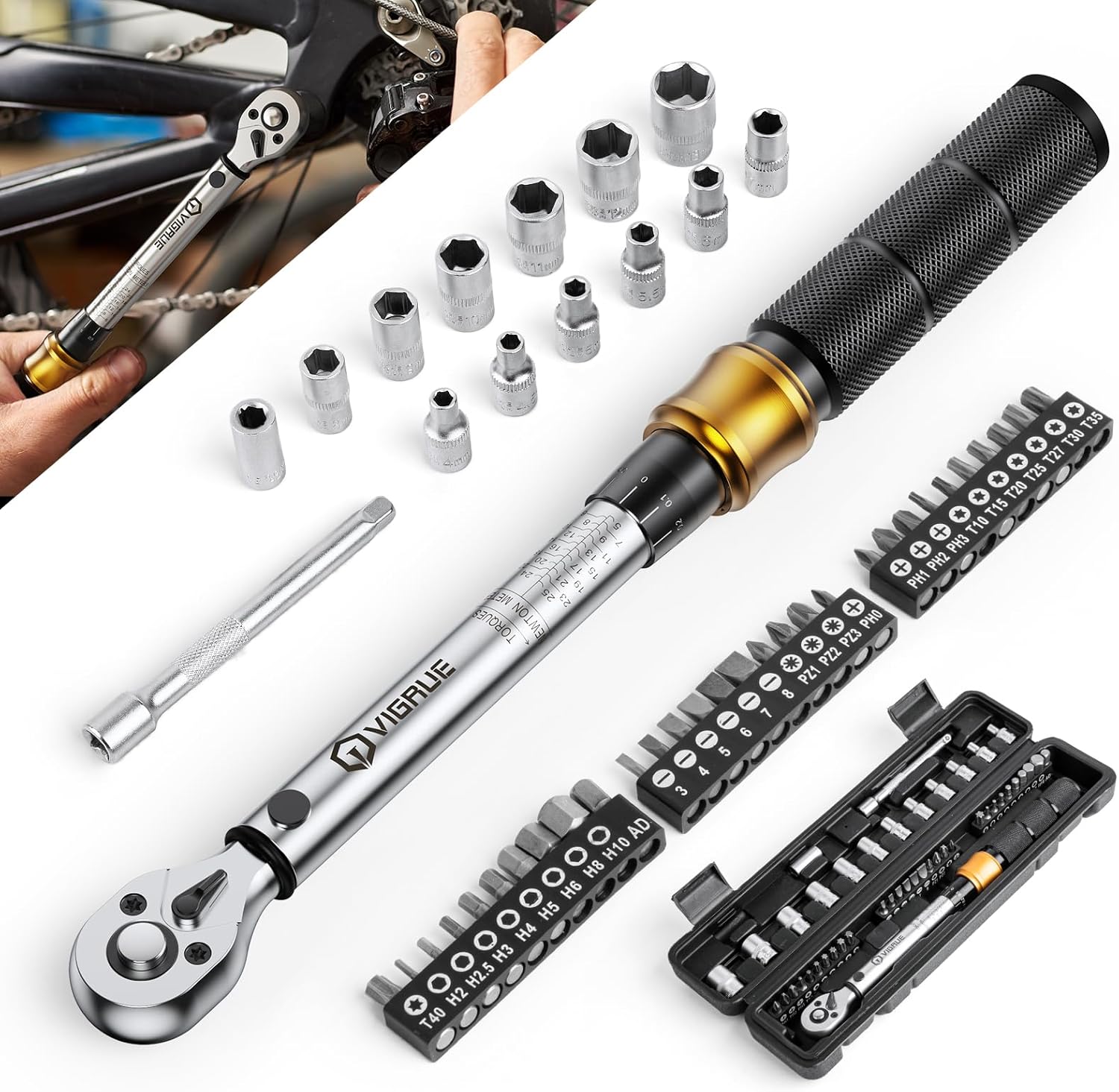 VIGRUE Drehmomentschlüssel Fahrrad 5–25 Nm (1/4 Zoll) – Drehmoment-Set inkl. Ratsche, Verlängerung, Gelenk und Bits