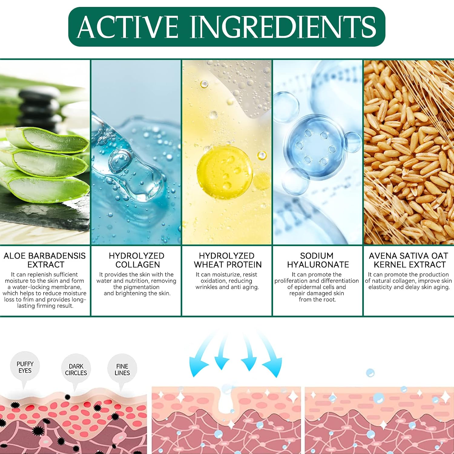 Detalle 2 de Augenpads mit Kollagen, Aloe Vera & Hyaluronsäure – 60 Eye Pads gegen Augenringe, Schwellungen & Falten (grün)