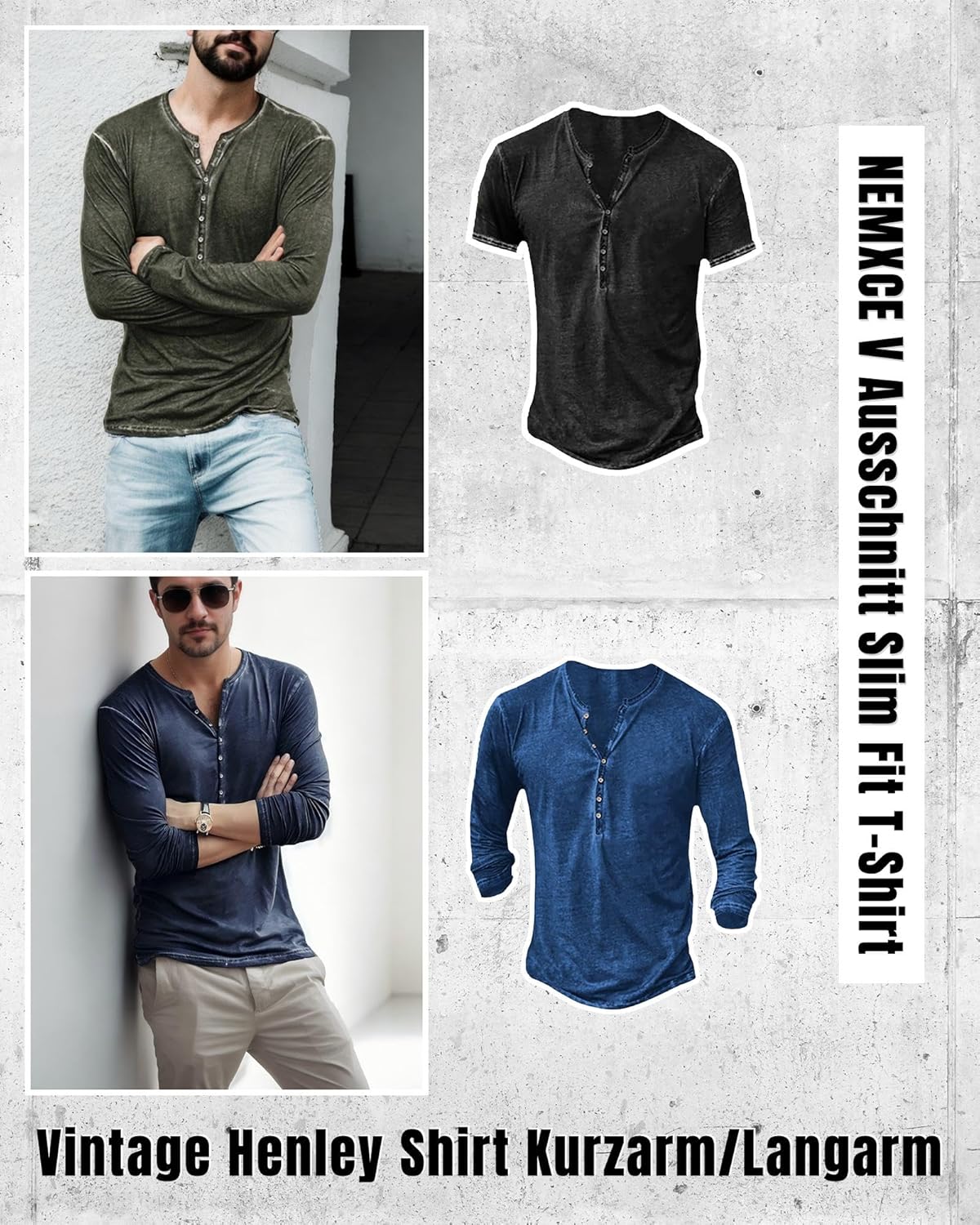 Thumbnail 4 de NEMXCE Hemd Herren Vintage Henley Shirt – Kurzarm/ Langarm, Slim Fit, V-Ausschnitt