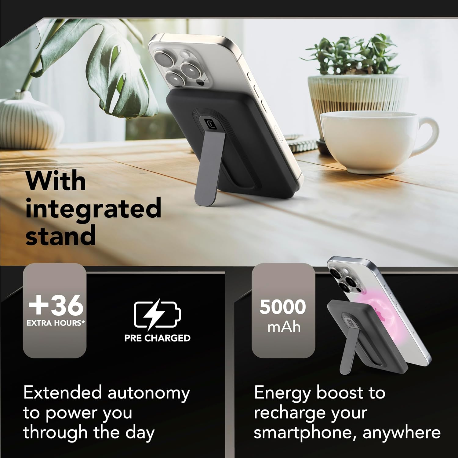 Detalle 2 de Cellularline Power Bank 5 000 mAh Qi2 15W avec Support Intégré et USB-C 20W – Soft-Touch, Mag Stand, Noir