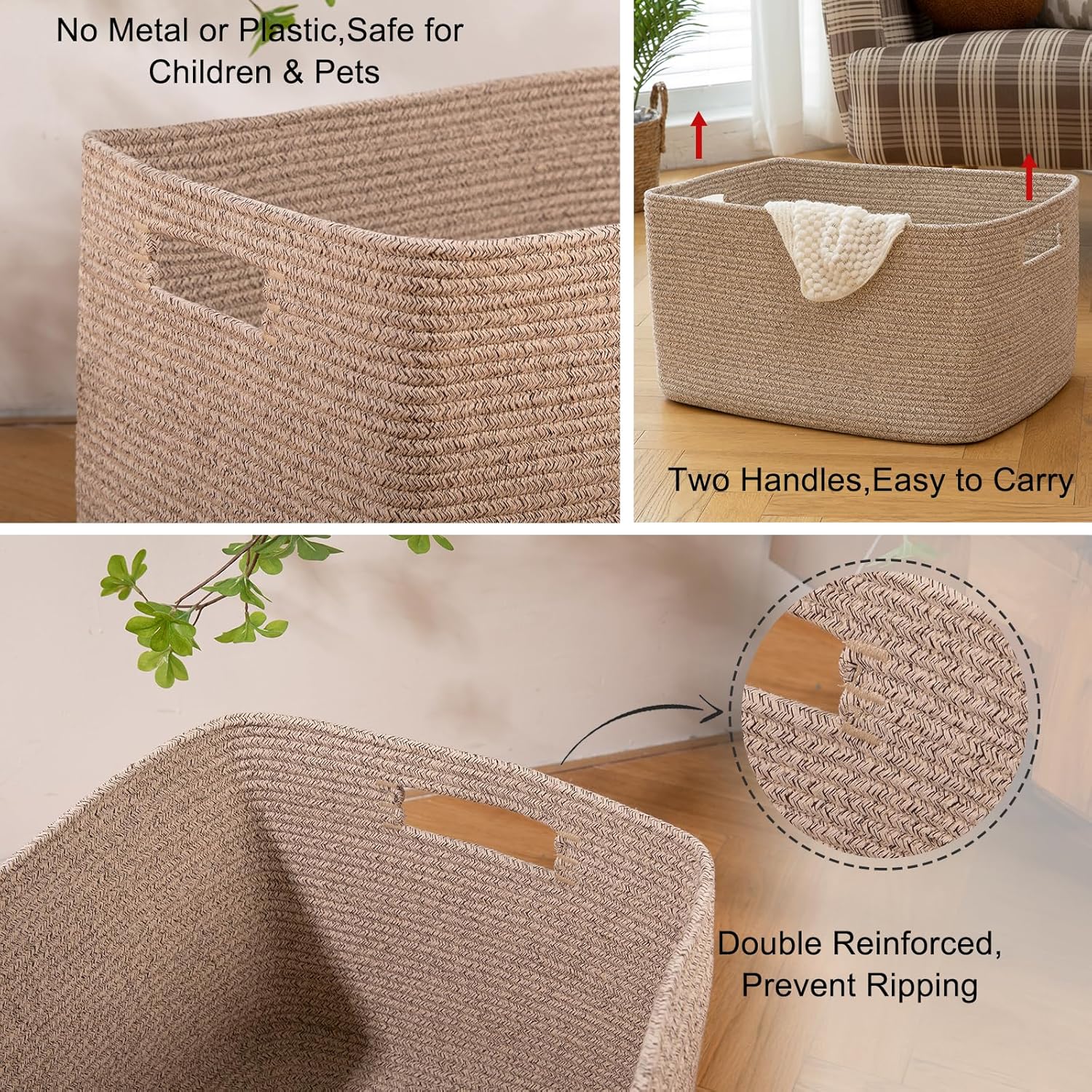 Thumbnail 3 de OIAHOMY 75L Large Woven Cotton Rope Storage Basket (22”x17”x12”) with Handle for Blankets, Toys & More