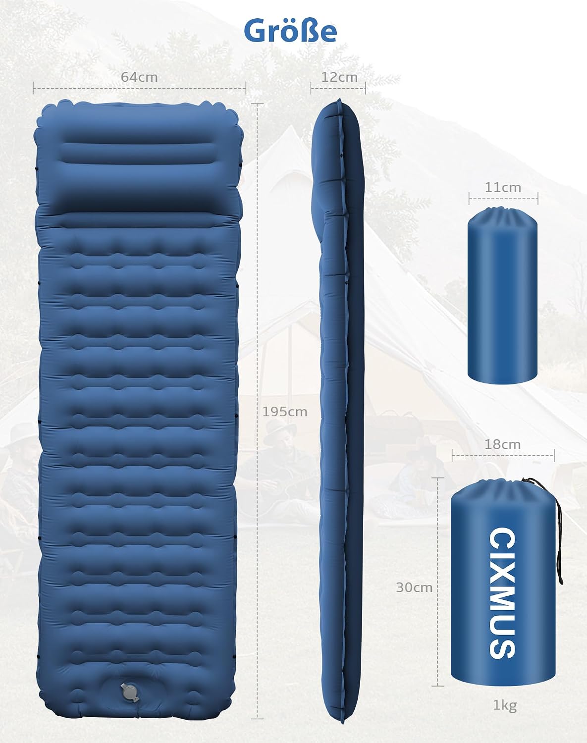 Thumbnail 1 de CIXMUS Aufblasbare Isomatte 12 cm Dicke mit Fußpumpe – Ultraleicht, koppelbar, Marineblau