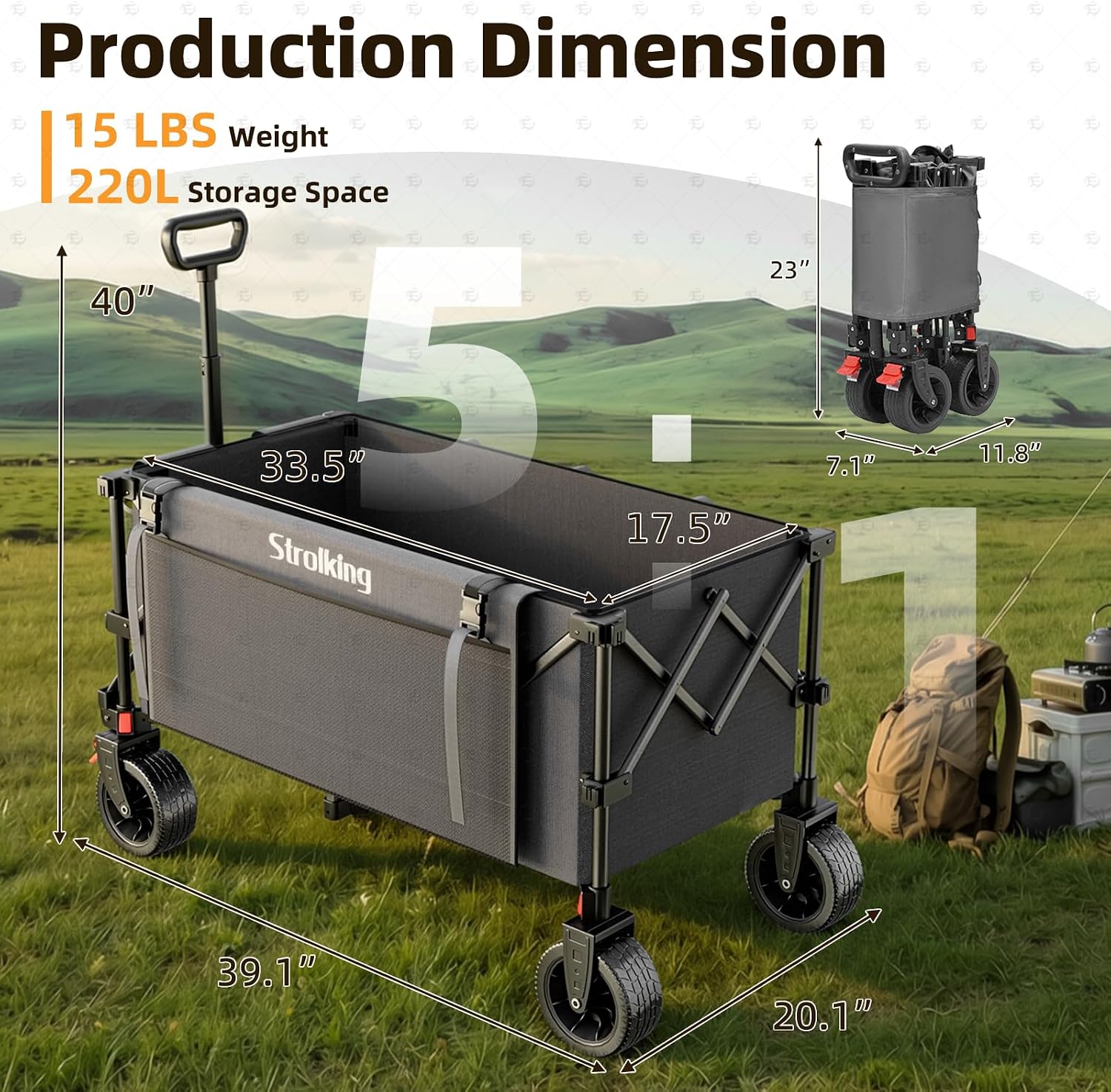 Detalle 2 de Strolking 220L Collapsible Wagon Cart, 440 lb Capacity, 15 lb, All-Terrain Wheels