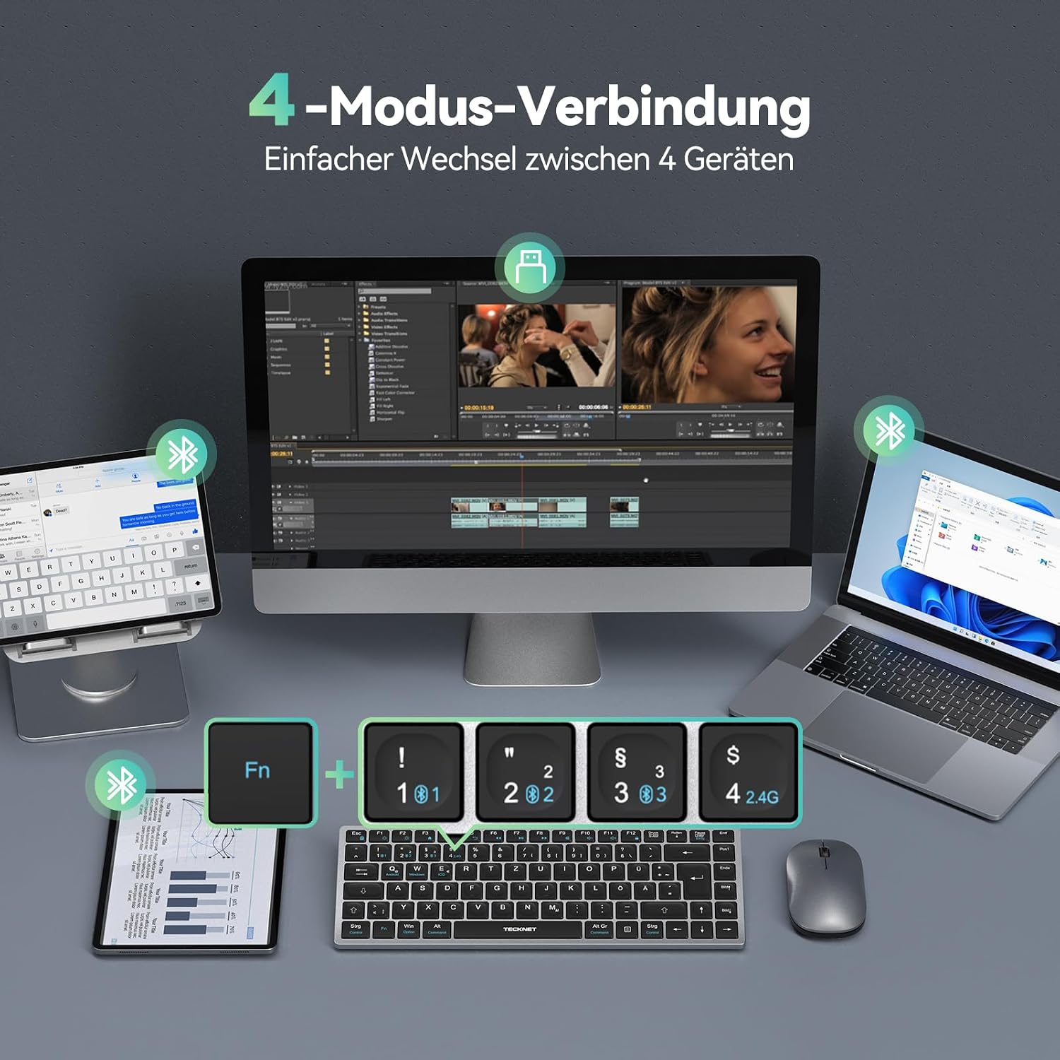 Detalle 2 de TECKNET KB006: Kabellose Tastatur mit 4 Modi (BT + 2,4G) – Deutsches Layout