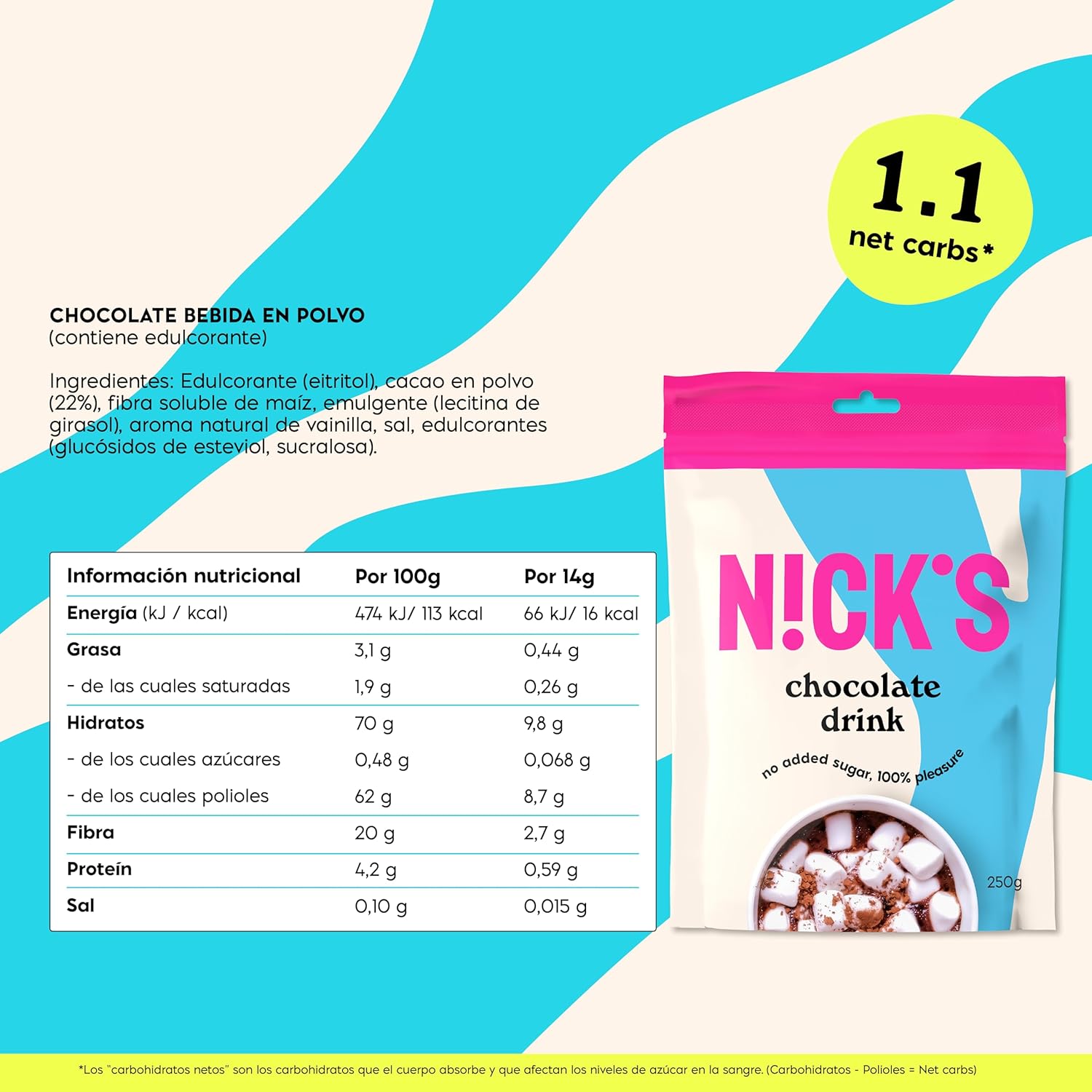 Thumbnail 1 de NICKS Chocolate drink 2x250g chocolate caliente sin azúcar