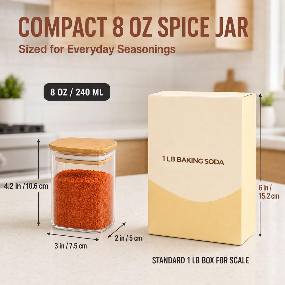 Detalle 1 de ComSaf 240 ml Glass Spice Jars, 6 Pack with Bamboo Lids and Labels