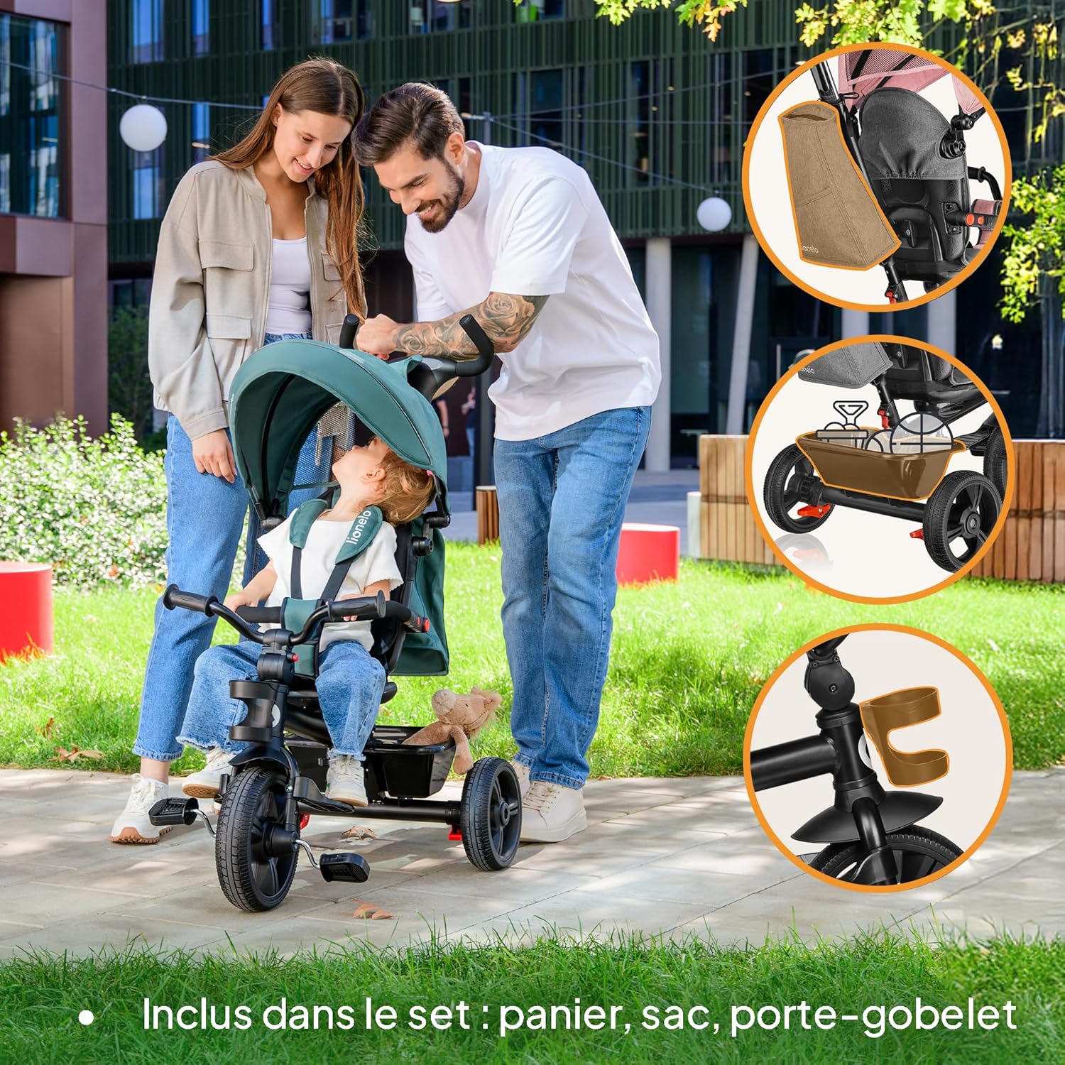 Detalle de Lionelo Haari Tricycle bébé évolutif jusqu'à 25 kg — 3 en 1 avec siège réversible et rangements pratiques