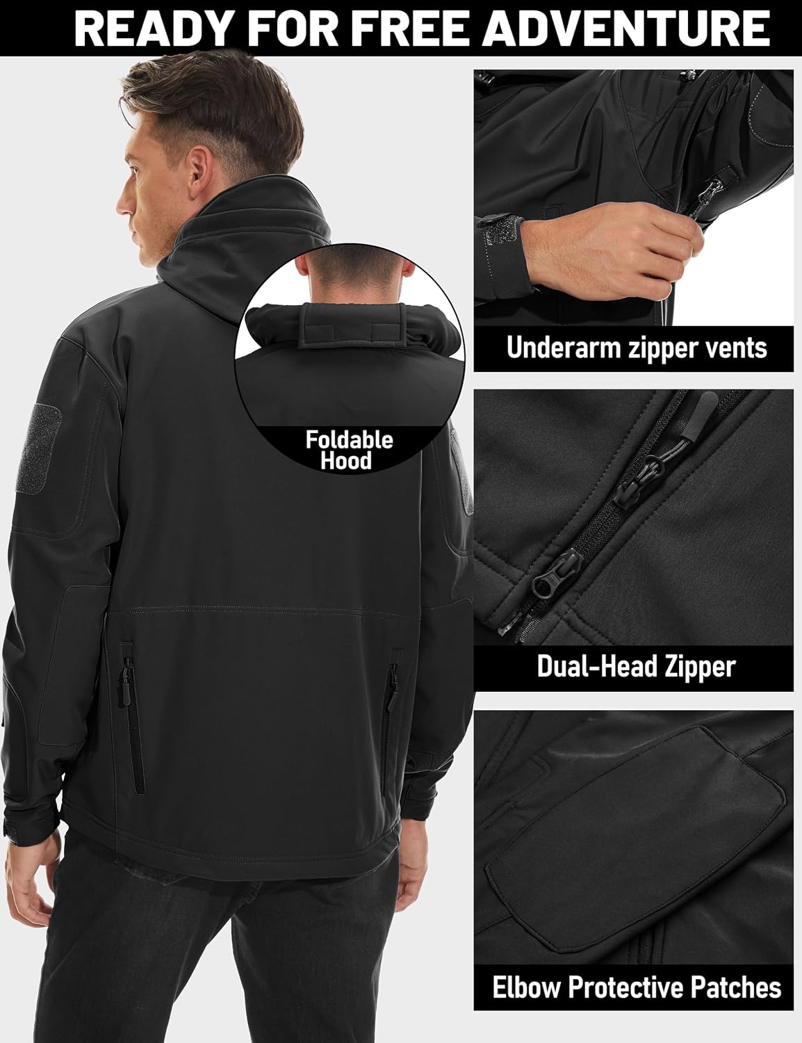 Detalle 2 de TACVASEN XLTJ-73 Men's Tactical Soft Shell Jacket with Hood and Fleece Lining