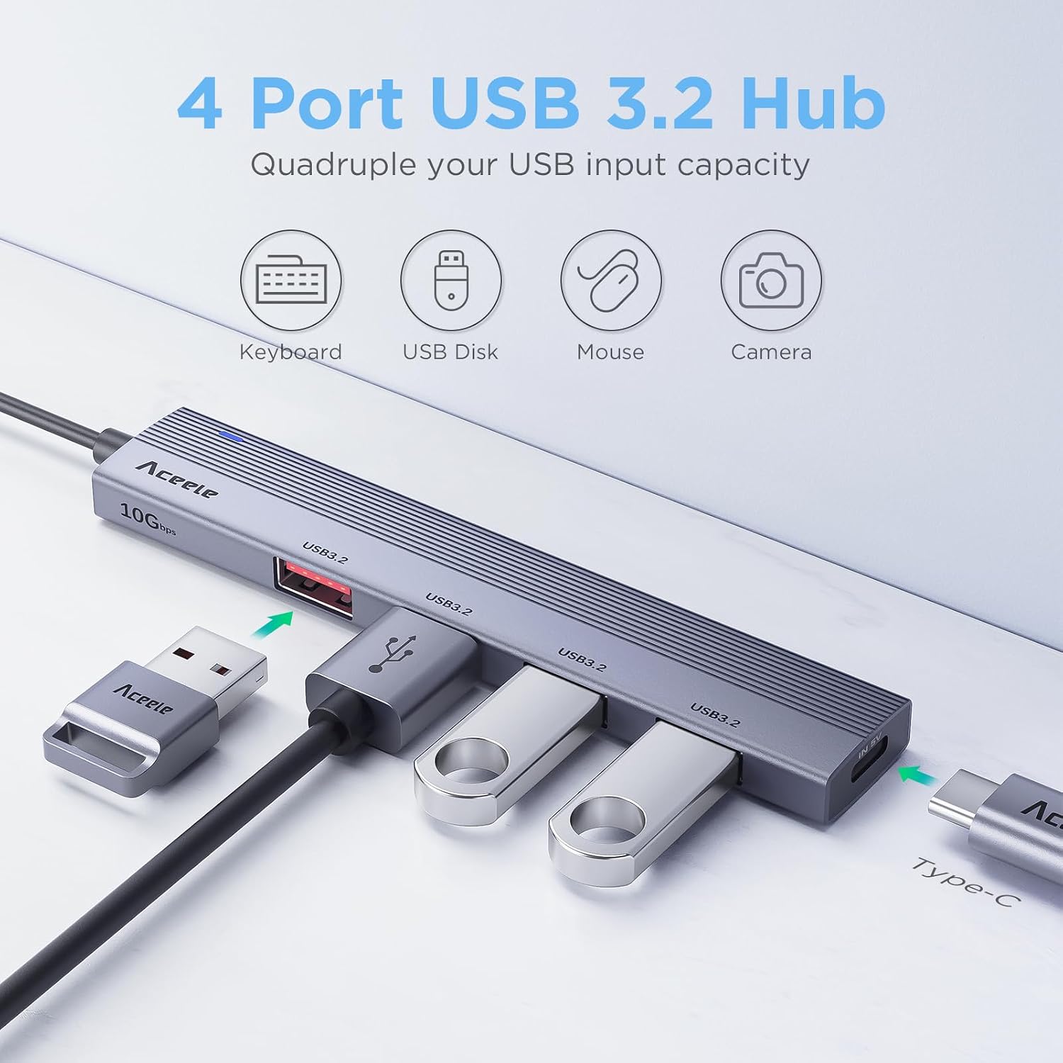 Detalle de Aceele USB Hub 3.2 Gen 2 Splitter mit 4 USB-A-Anschlüssen, 1,2 m Kabel – kompatibel zu Laptop, PC, Xbox und Mac