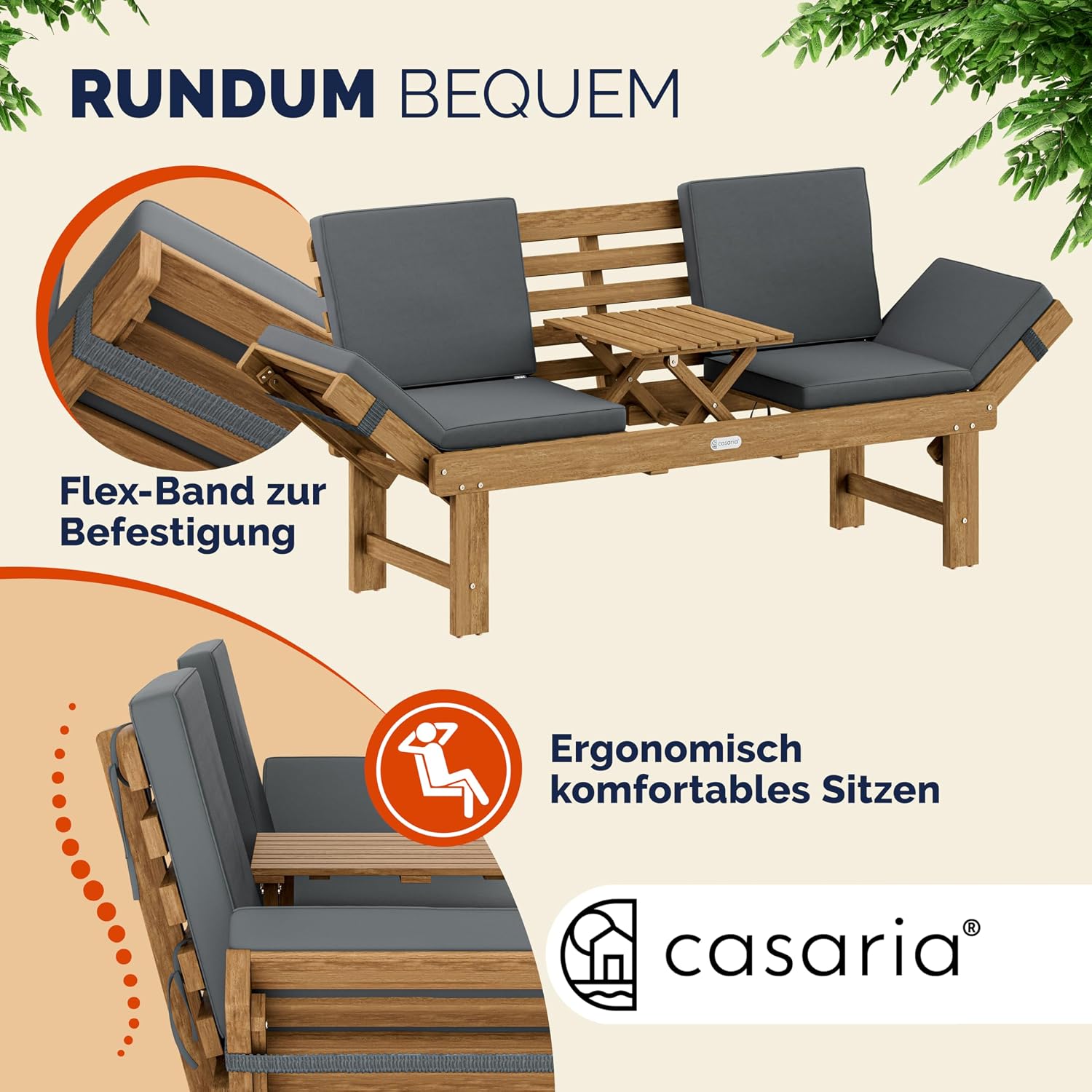 Thumbnail 6 de Casaria Gartenbank Wetterfest Holz mit Tisch 200x50 cm – 3-Sitzer, FSC Akazie, klappbar