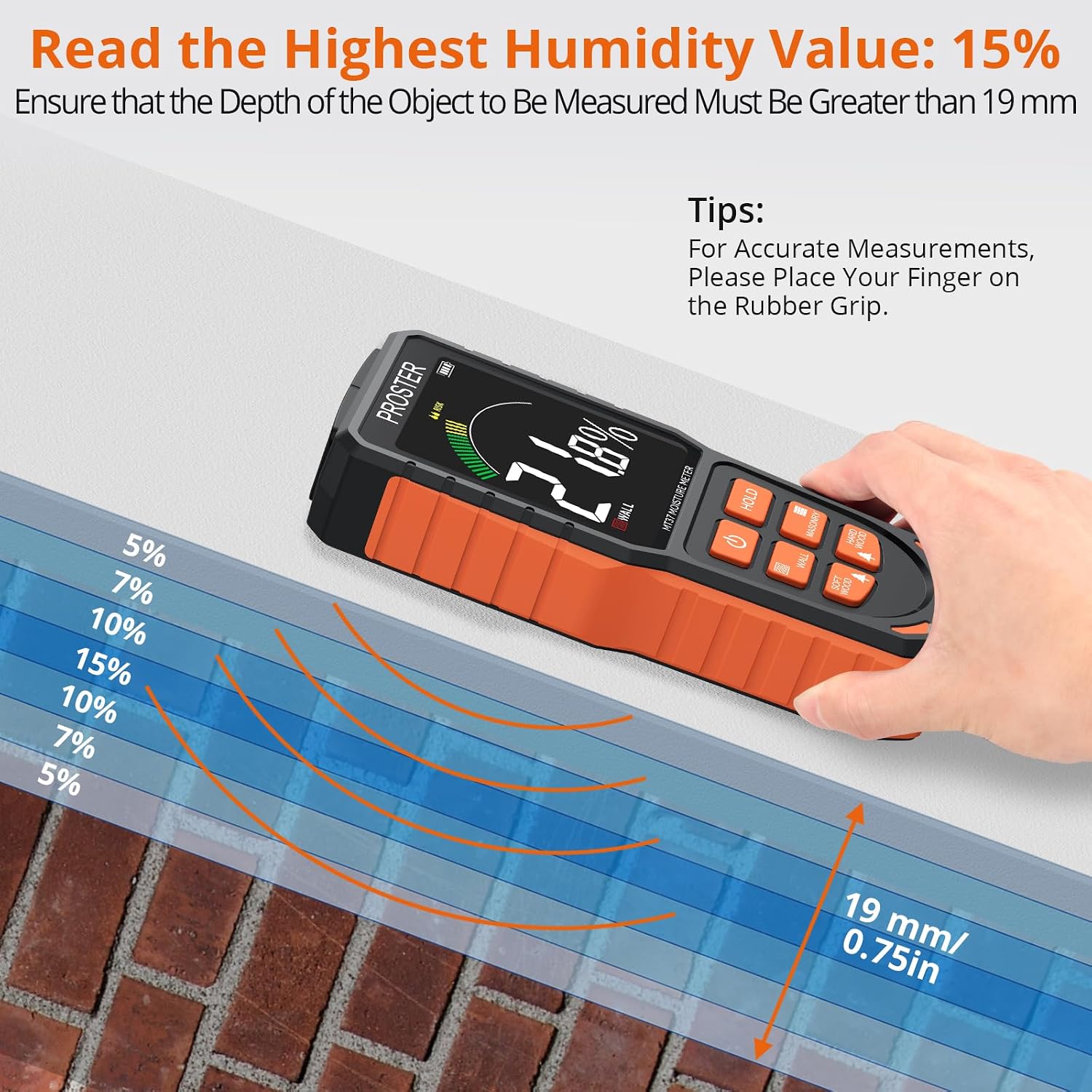 Thumbnail 5 de Proster PST252-US Pinless Moisture Meter, USB-C Rechargeable, 19 mm Detection