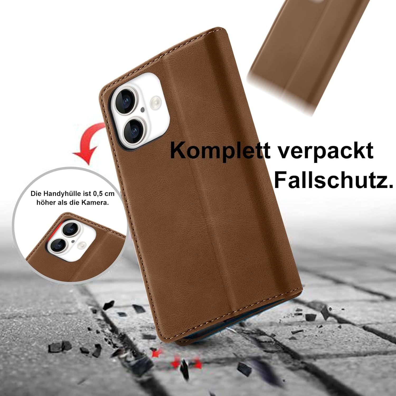 Thumbnail 1 de Giyer Handyhülle für iPhone 16 mit Kartenfach, Schutzfolie & Standfunktion (Braun)