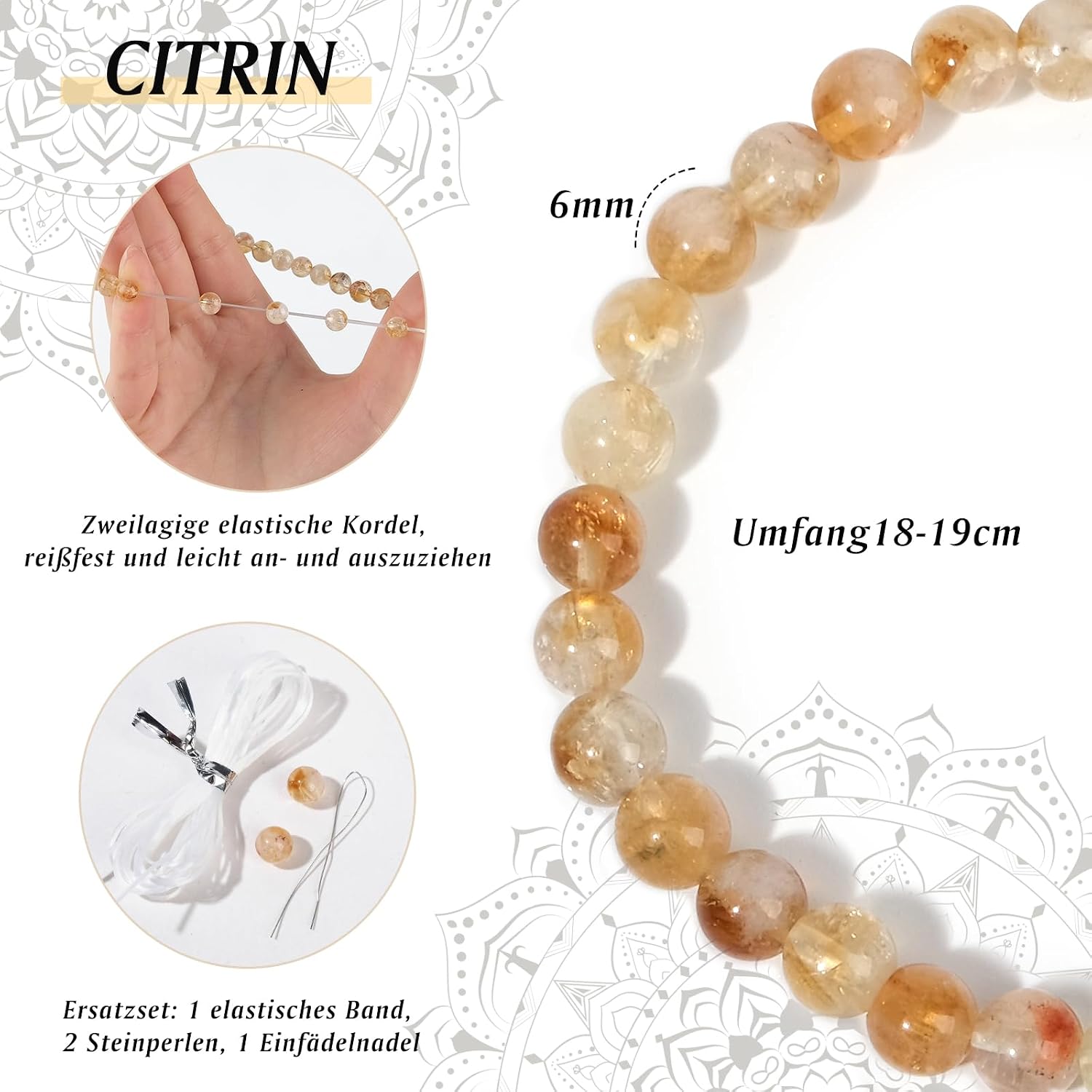 Detalle 2 de RUBY 6mm Citrin Heilstein Armband – Handgemacht, verstellbar, Geschenkbox aus Holz