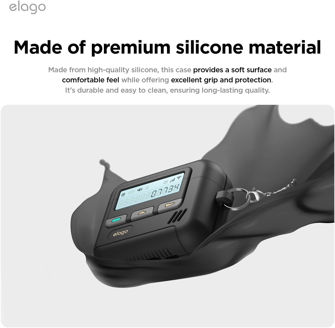 Detalle 2 de elago Coque Pager pour étui AirPods 4 (étui AirPods 4) – mousqueton inclus, silicone résistant aux chocs, noir